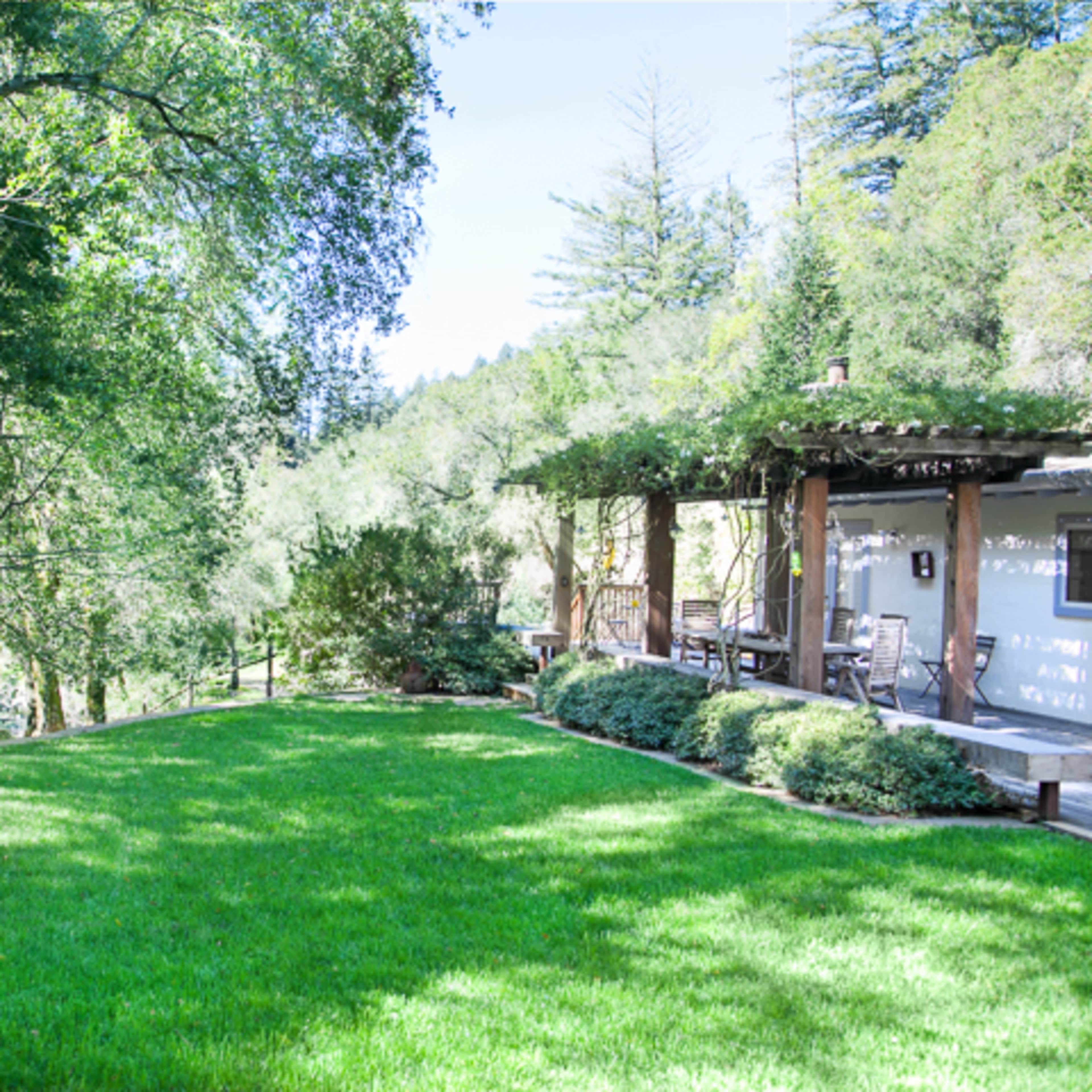 A lush green lawn bordered by trees, leading up to a wooden patio.