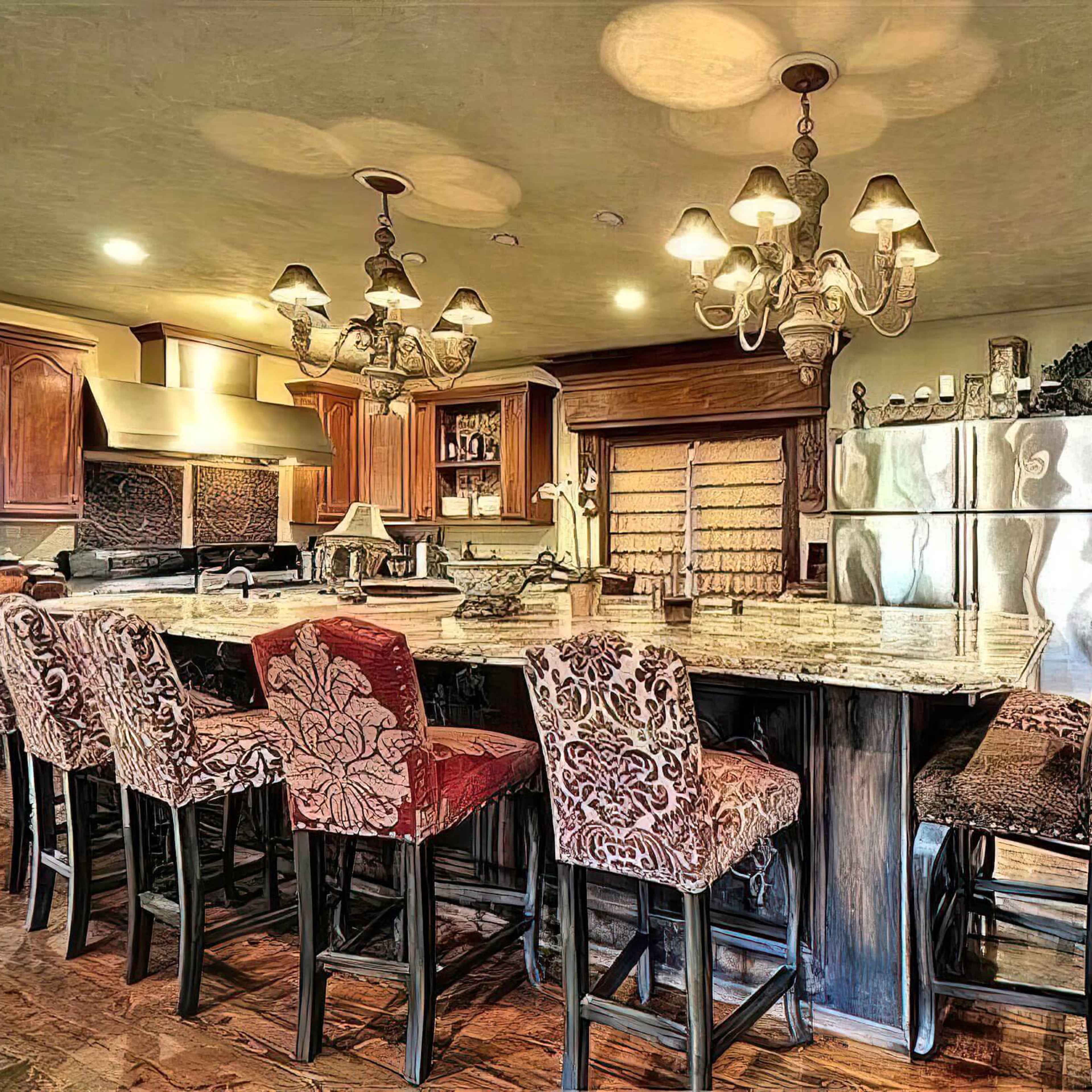 The kitchen features a large island with bar stools, wooden cabinetry, and stainless steel appliances under warm lighting.