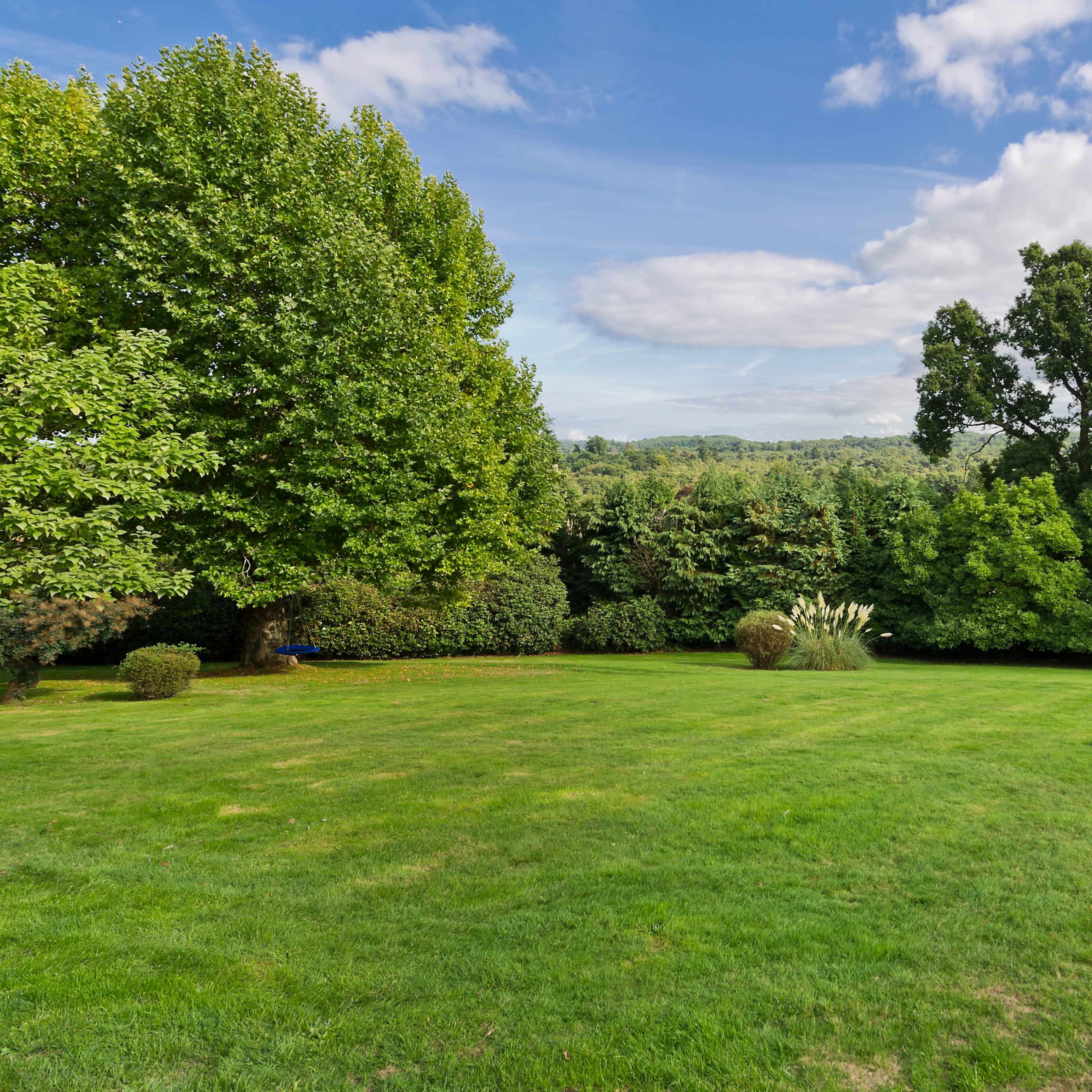 A spacious green lawn bordered by trees and shrubs under a partly cloudy sky.
