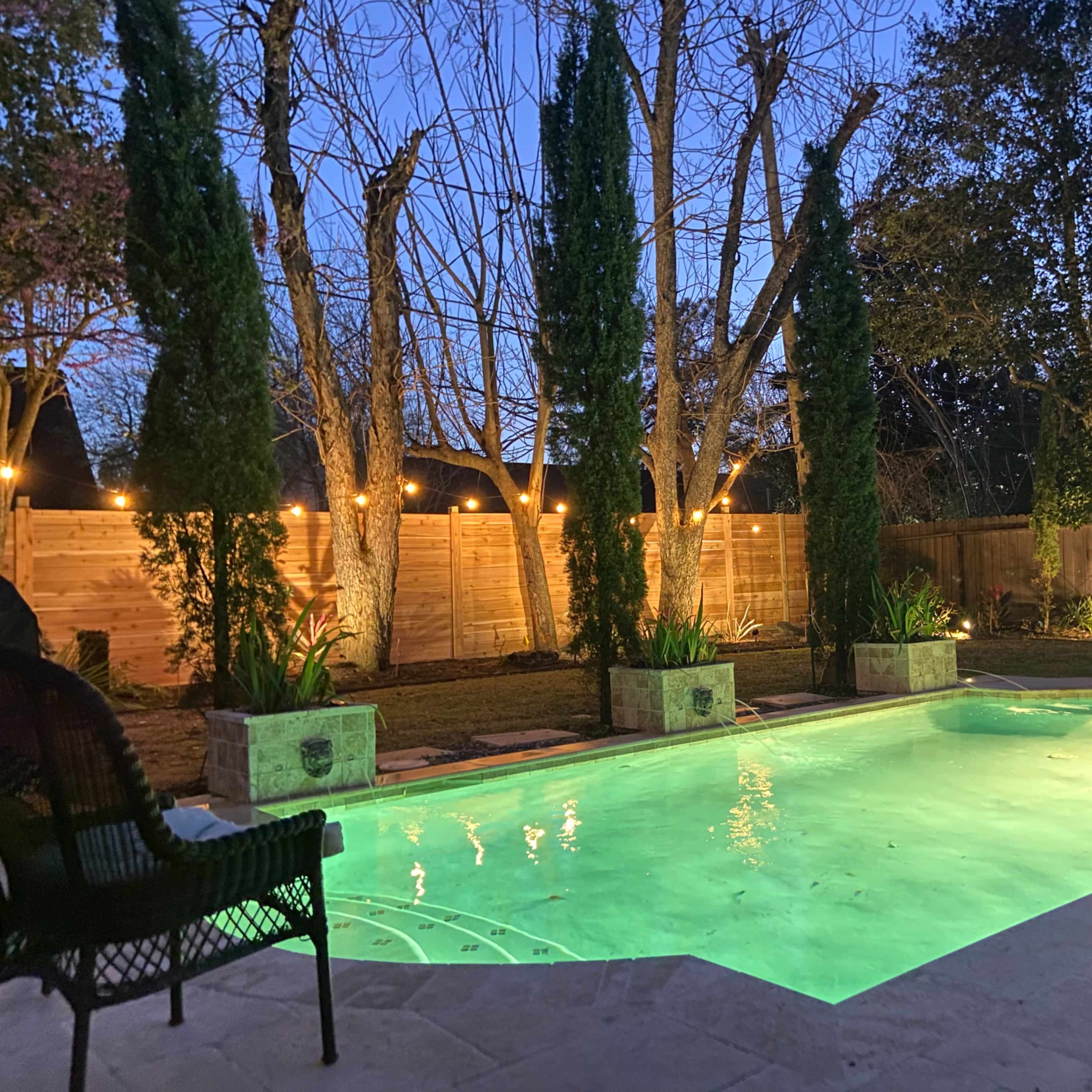 The scene shows a backyard pool surrounded by tall trees and plants, illuminated by landscape lighting at dusk.