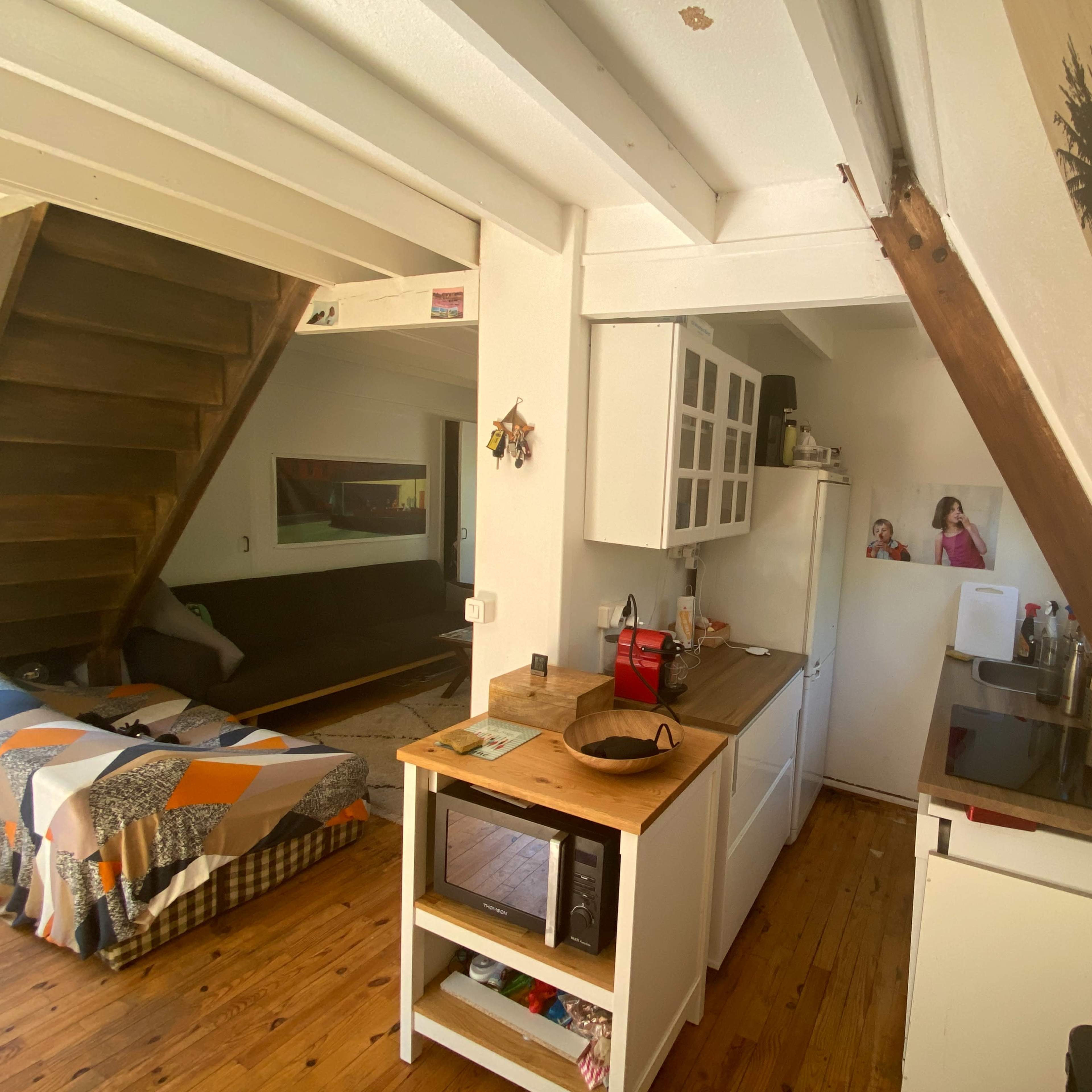 A small, open-concept living space featuring a kitchenette, dining area, and a seating area with a sofa.