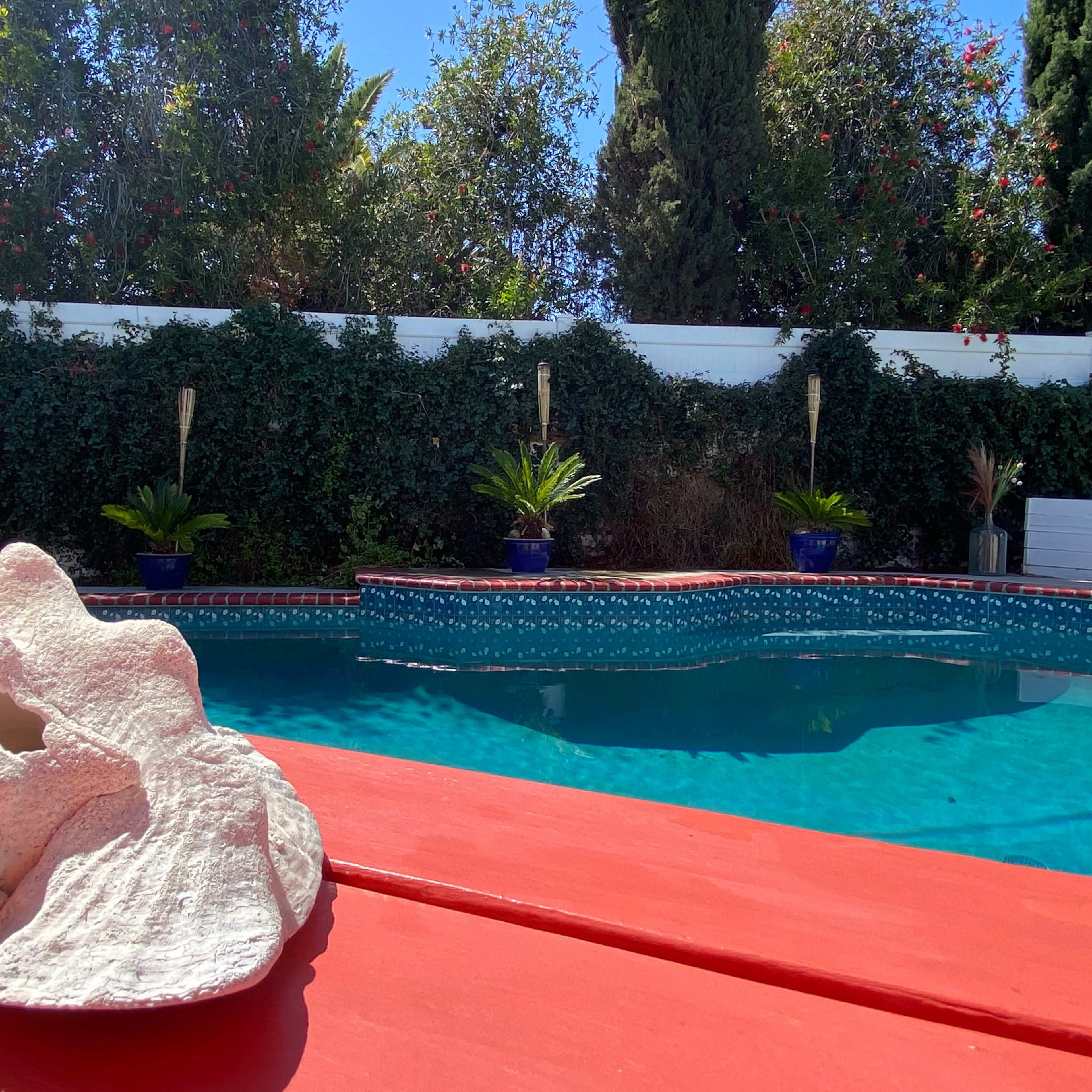A large white seashell rests on a red wooden table beside a swimming pool surrounded by lush greenery and decorative plants.
