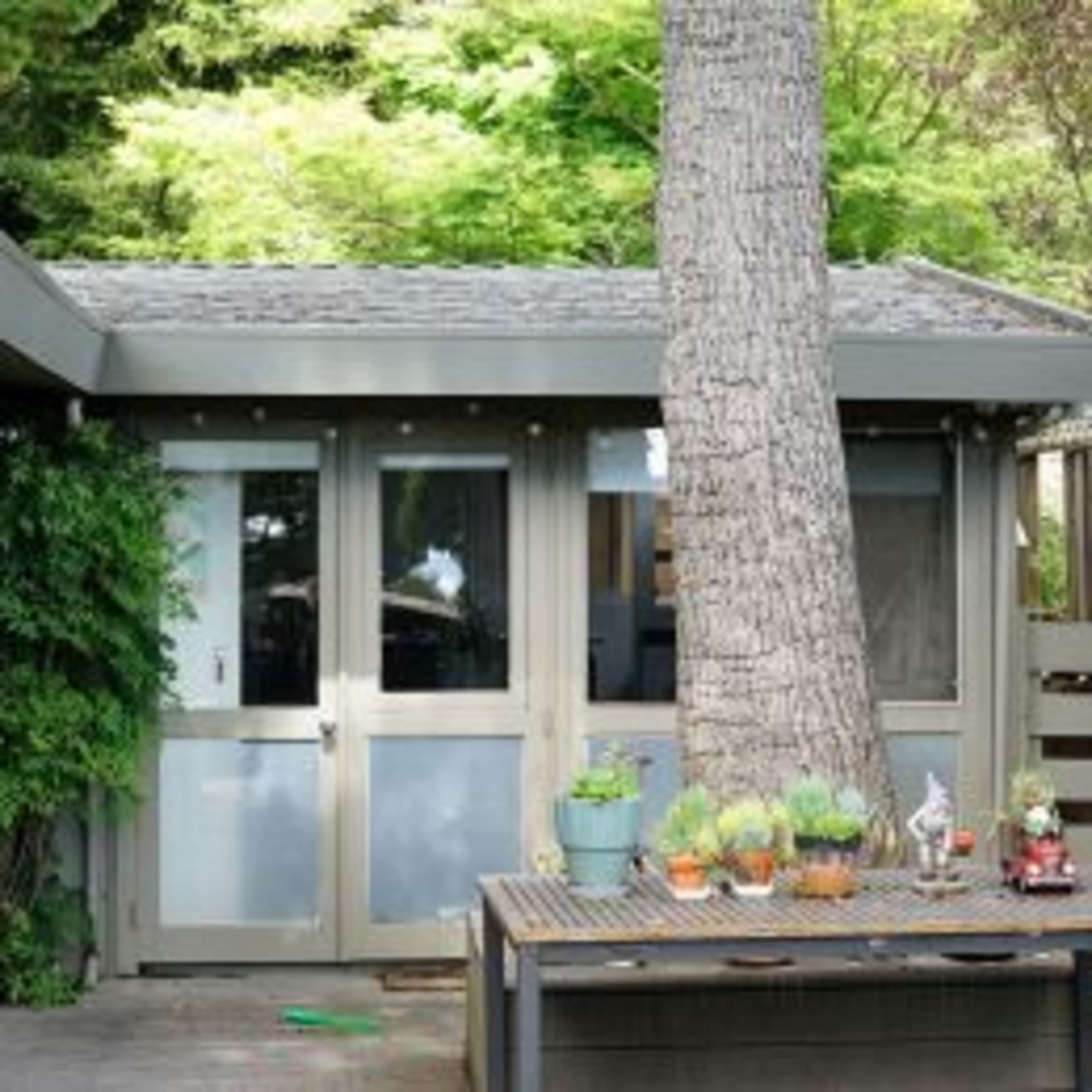 A small house with a sloped roof is set among greenery, featuring a wooden deck with a table displaying potted plants.
