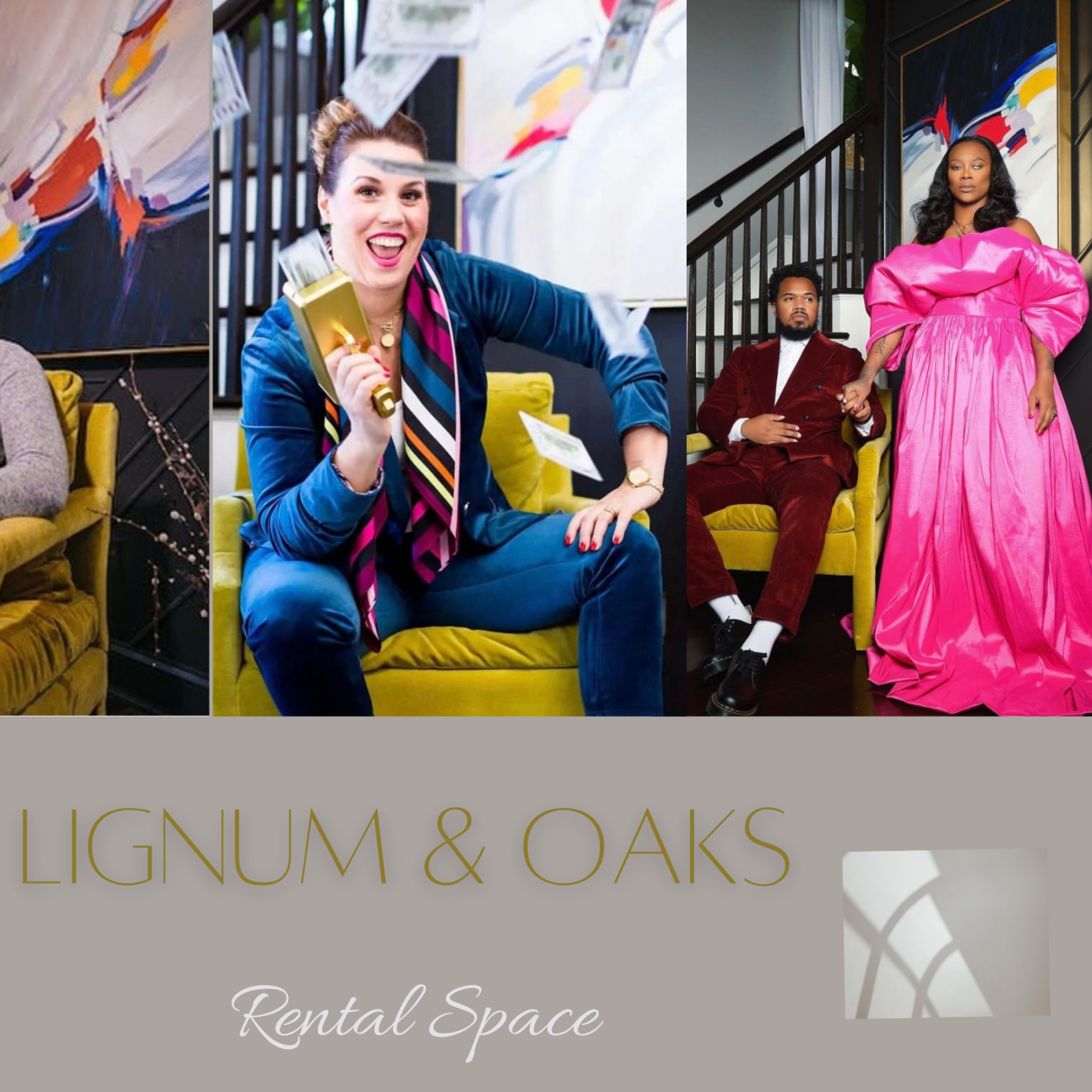 Three individuals dressed stylishly, posing in a modern rental space with vibrant artwork in the background.