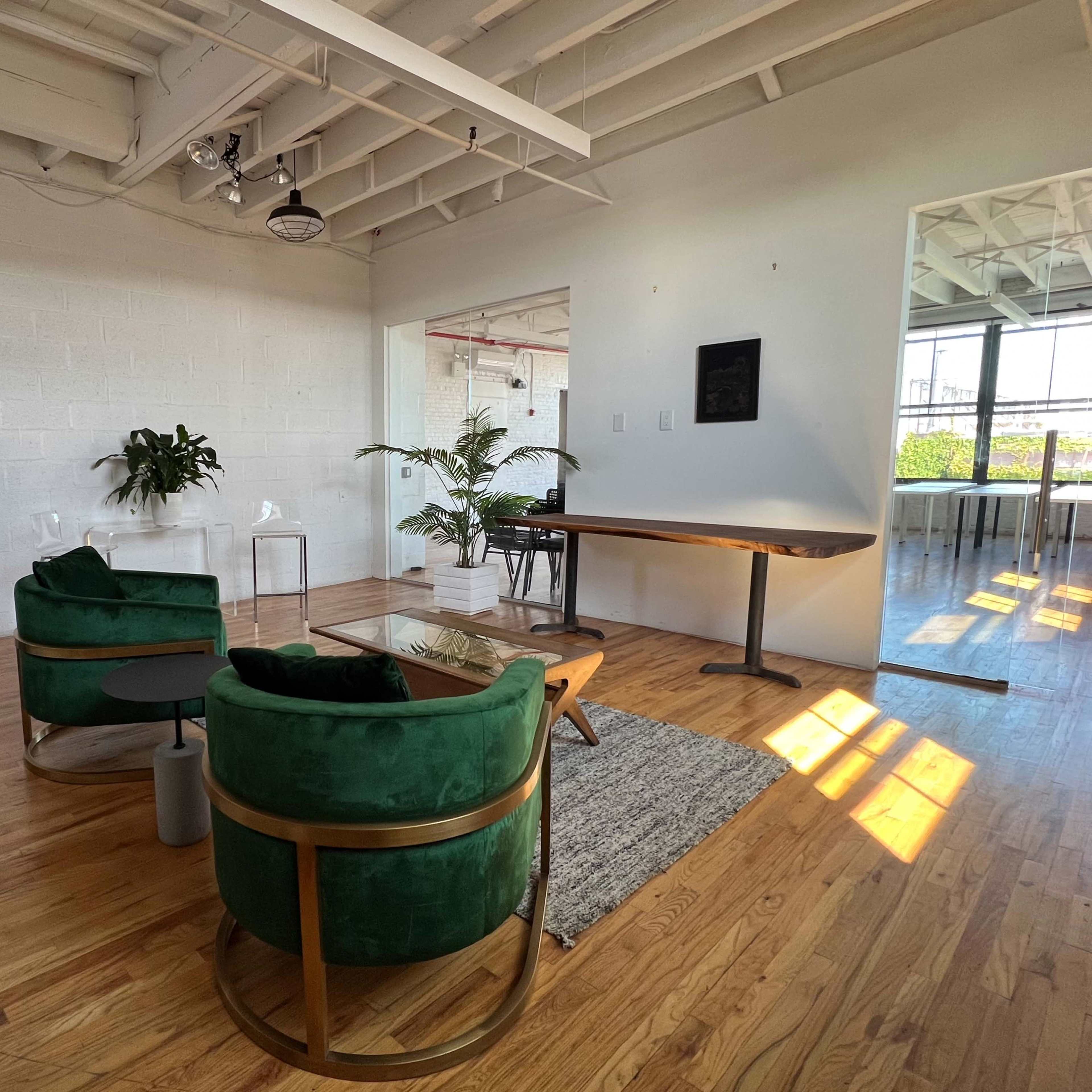 A modern, minimalist office space with green chairs, a wooden table, plants, and large windows allowing natural light to enter.