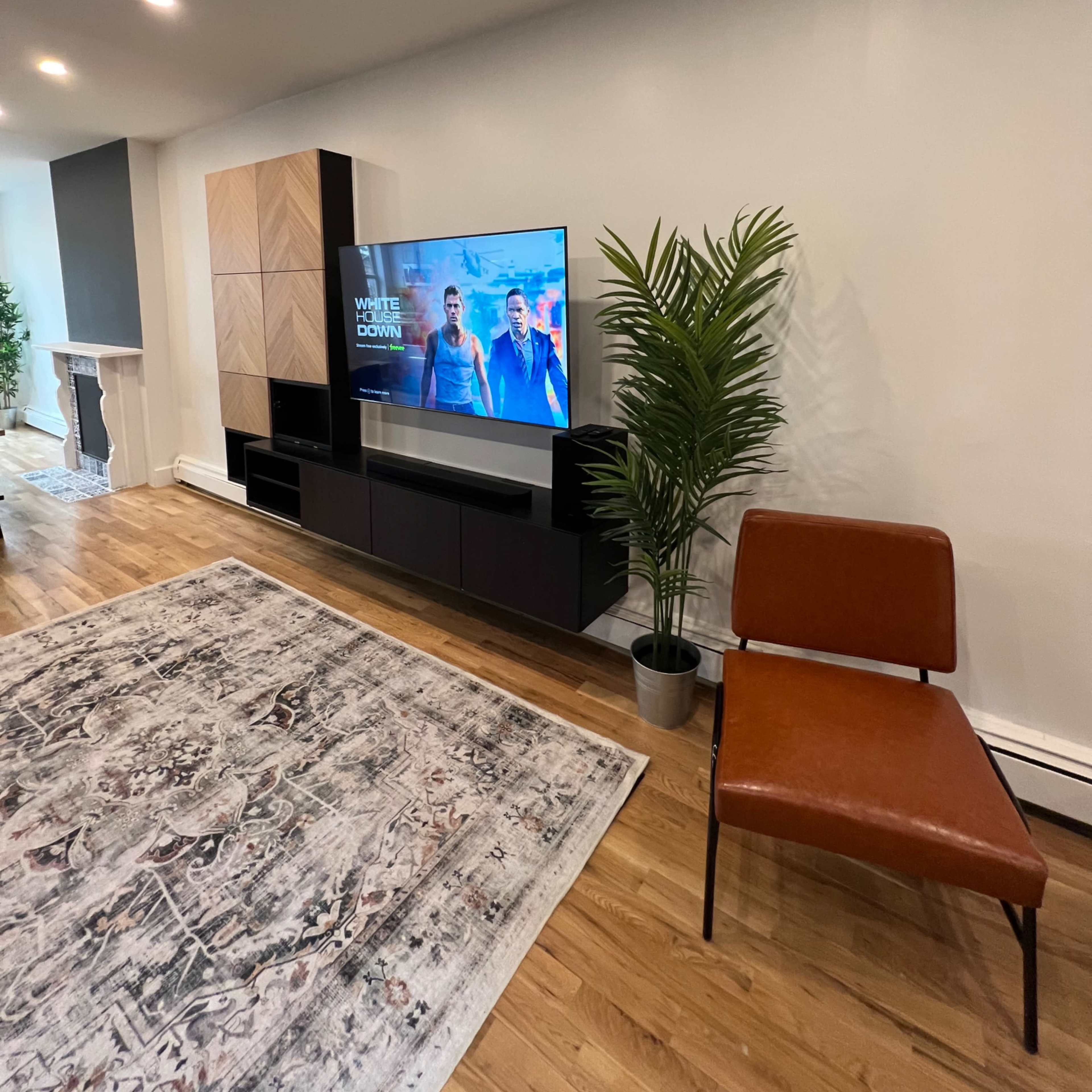 The living room features a television mounted on a black cabinet, a brown chair, a potted plant, and a patterned area rug on a wooden floor.