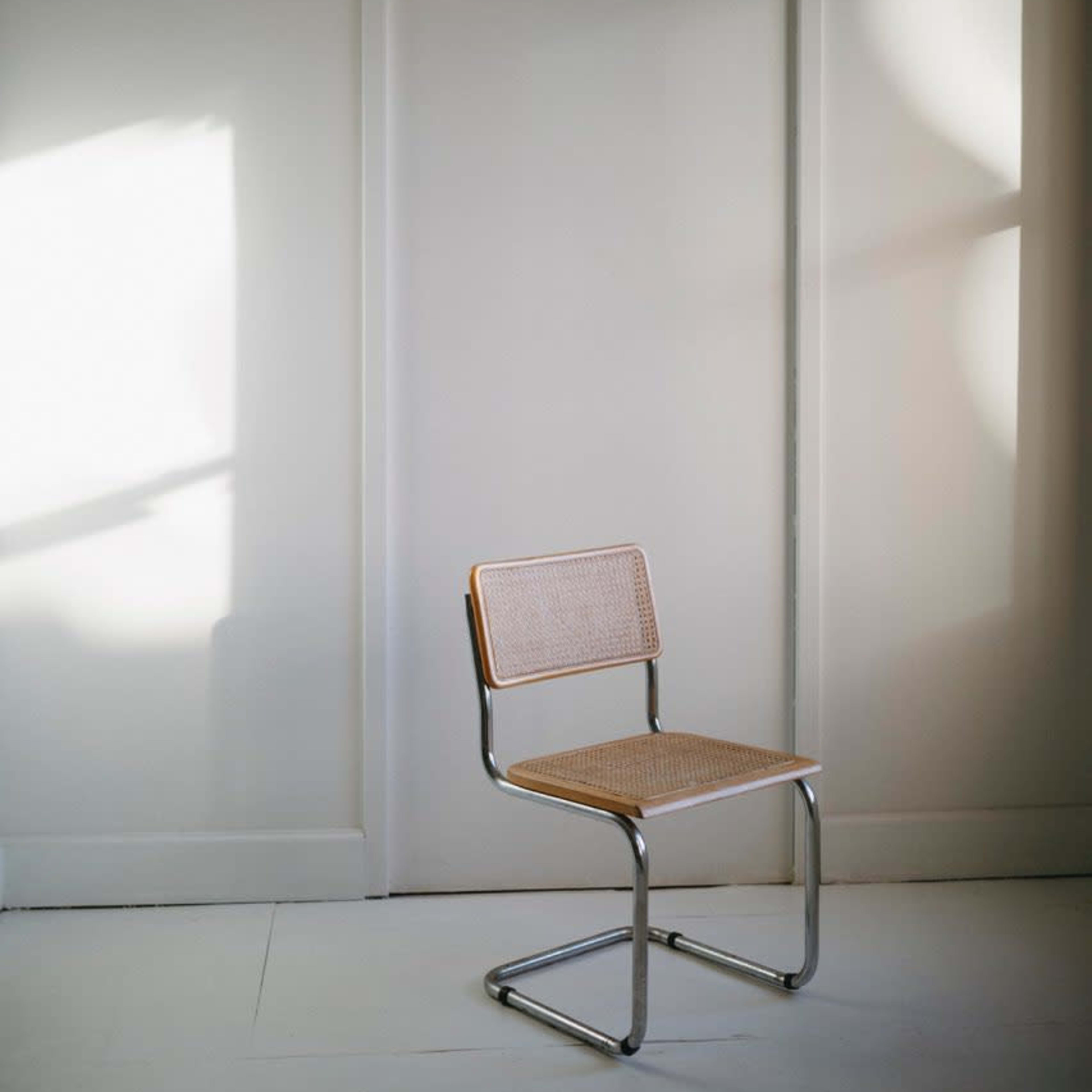 A minimalistic room features a single metal-framed chair positioned in front of a white door.