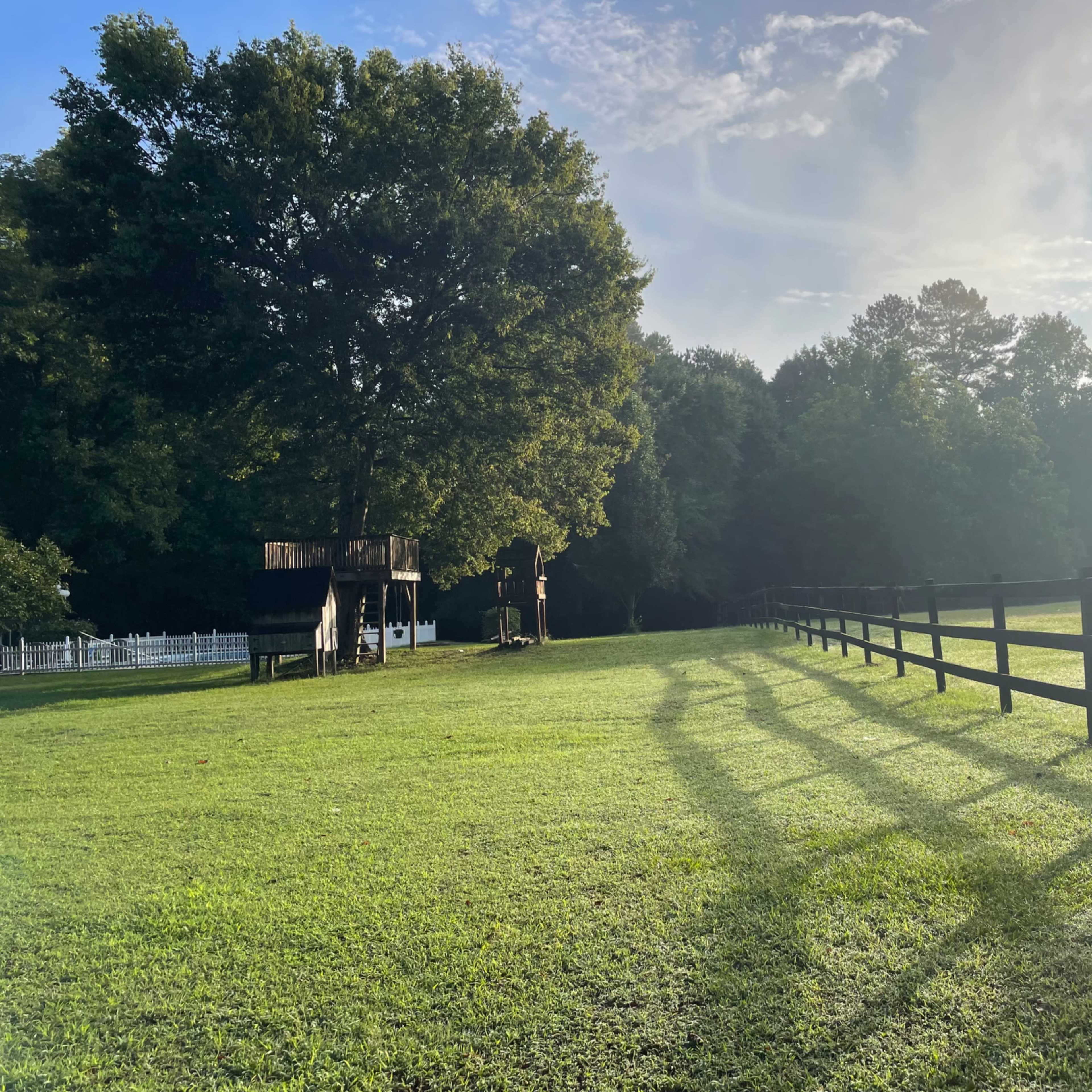 A wooden treehouse stands beside a large tree, with a shadowed fence line extending across a grassy field under a cloudy sky.