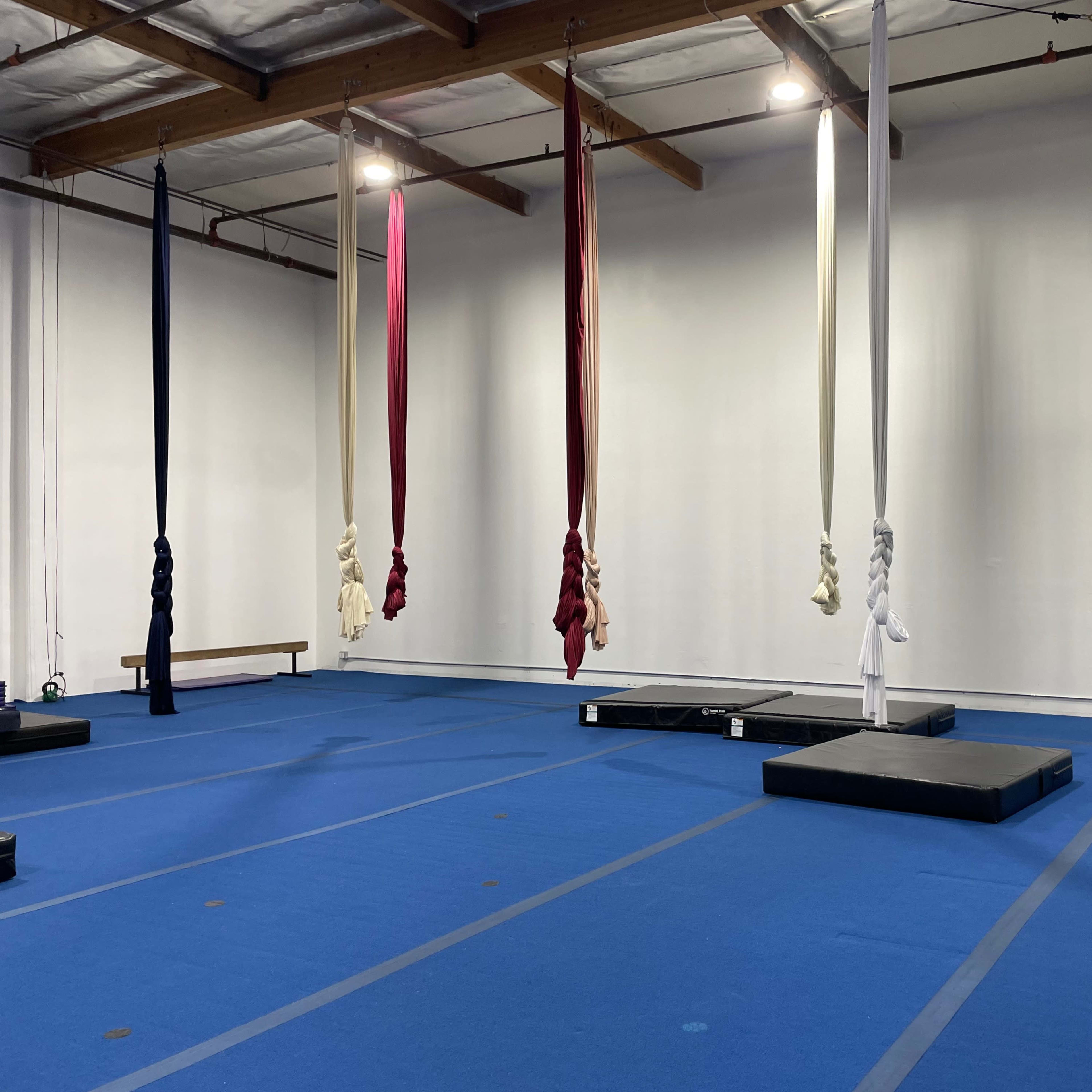 An indoor aerial silks studio with colorful silks hanging from the ceiling and blue mats on the floor.