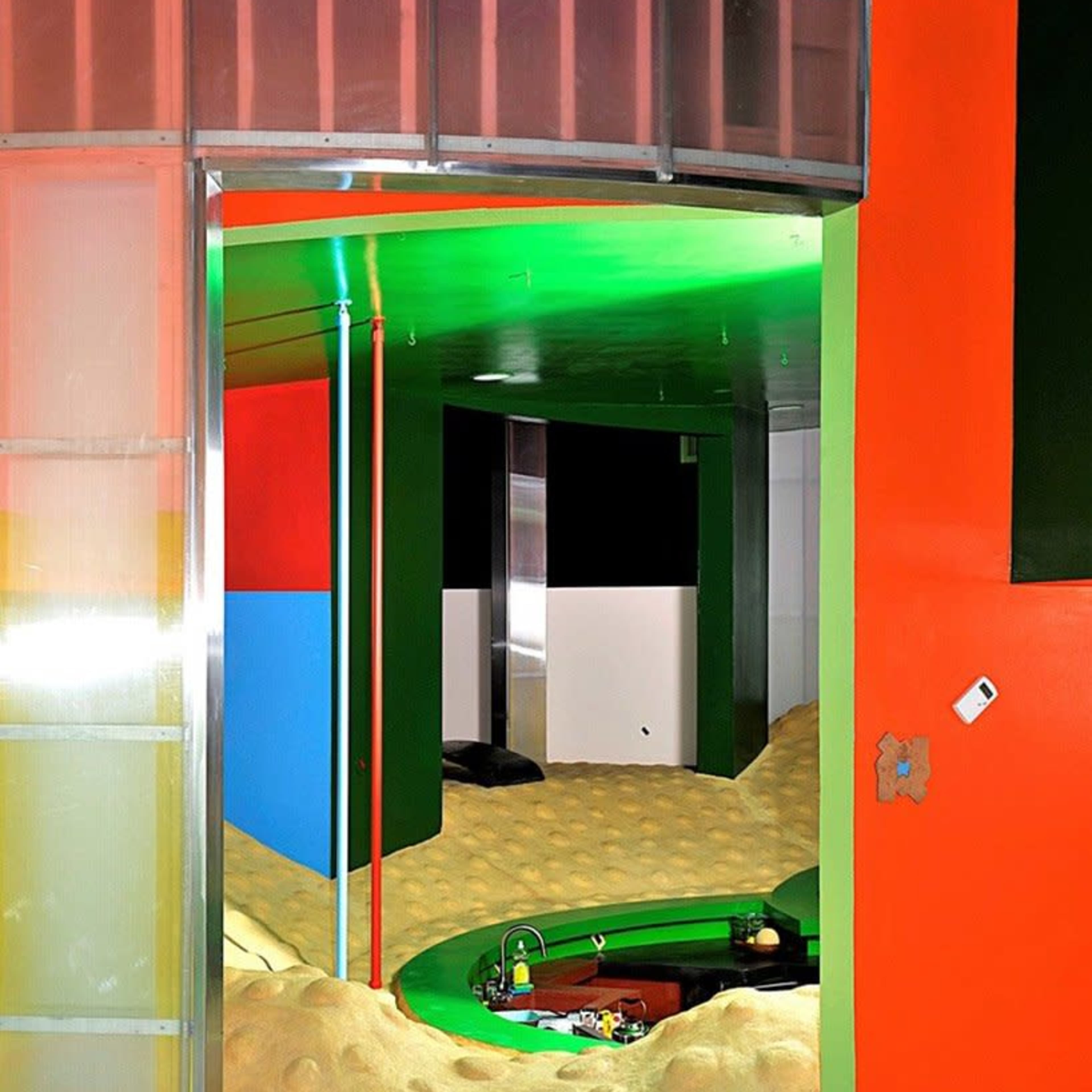 A colorful interior space featuring a sandy area with seating and a curved wall that leads to a green and orange painted environment.