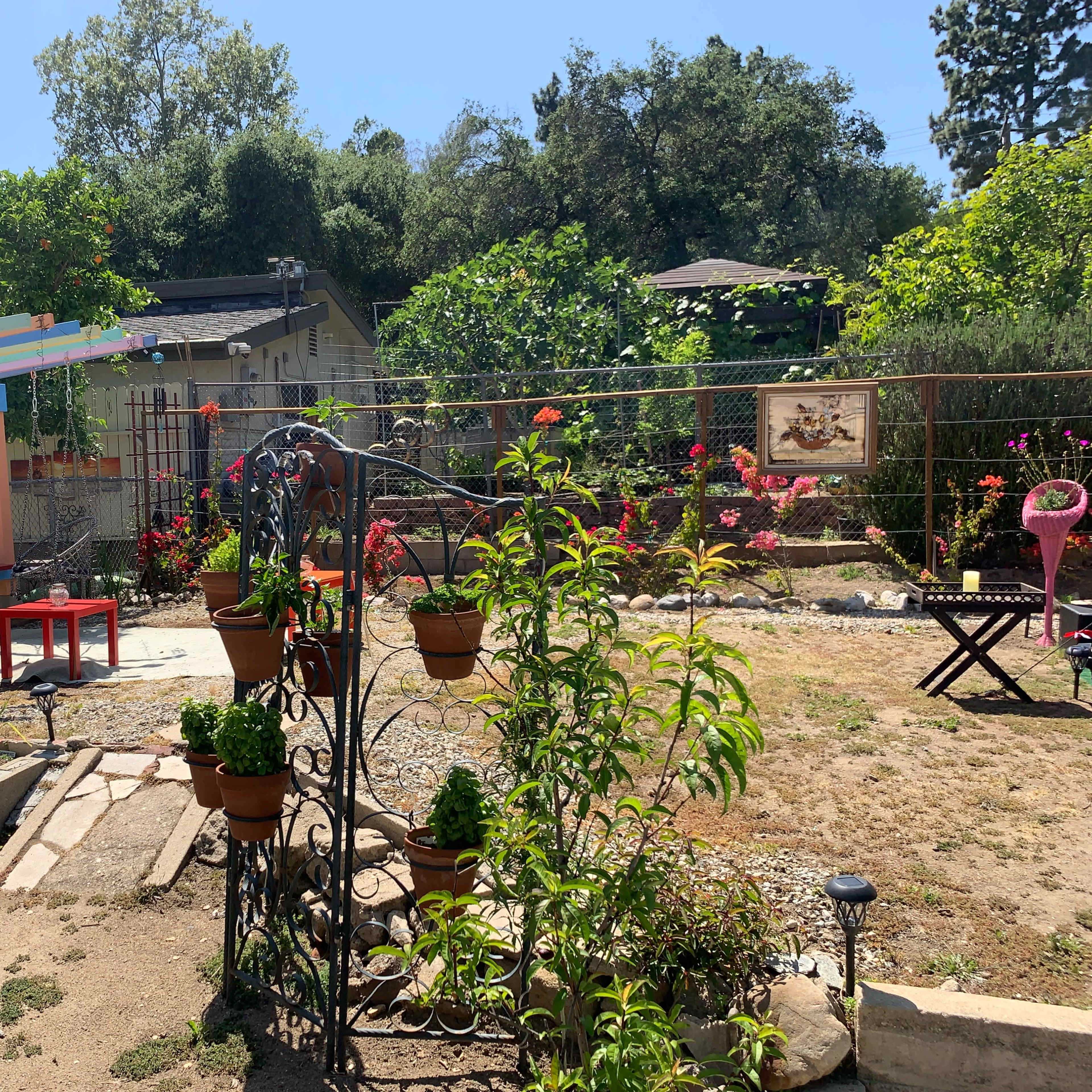 A garden area with potted plants, a decorative trellis, and flower beds surrounded by a fence.