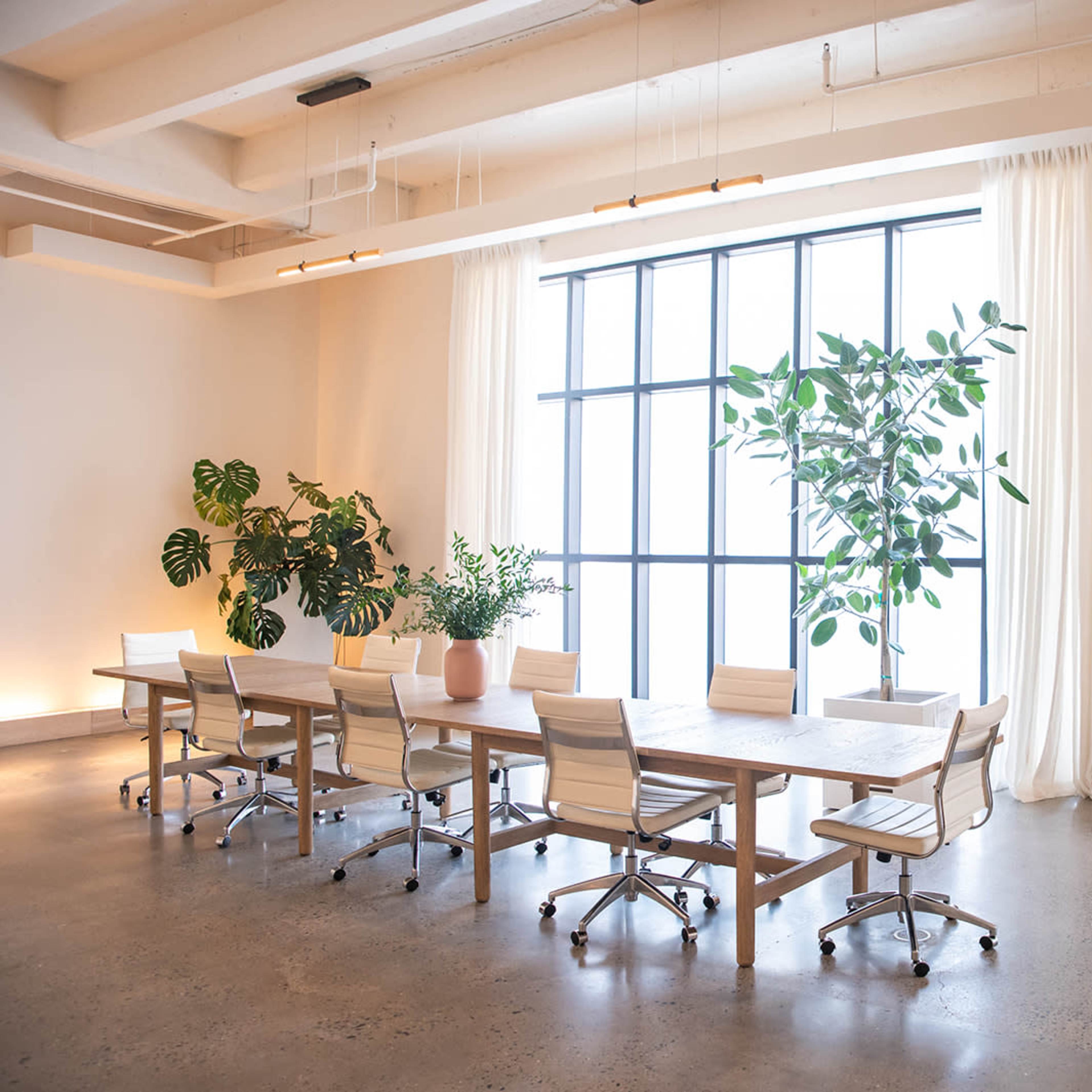 A spacious conference room features a long wooden table surrounded by rolling chairs, large windows allowing natural light, and decorative plants in the corners.