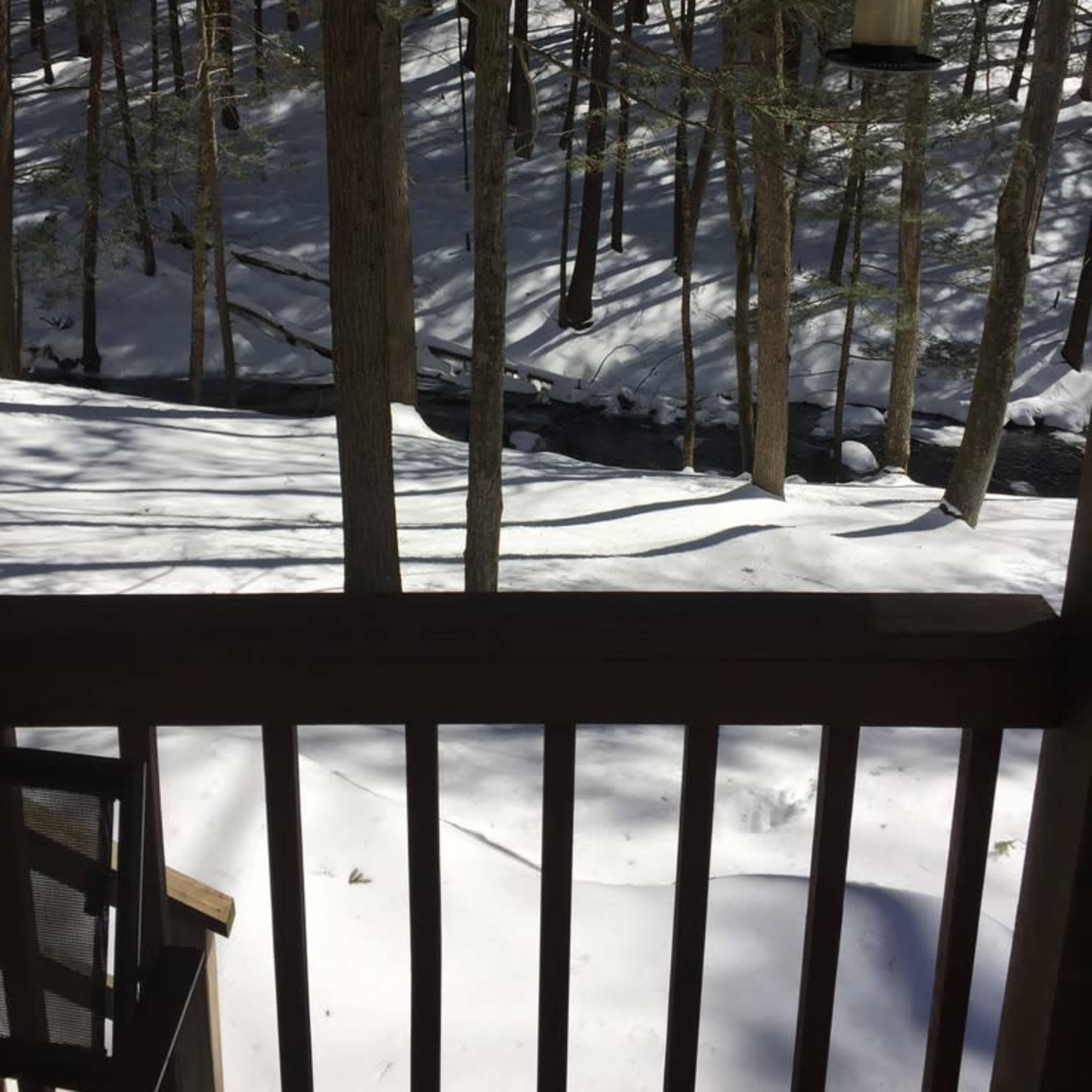 A snowy landscape with a stream flowing through a forest, viewed from a wooden deck.