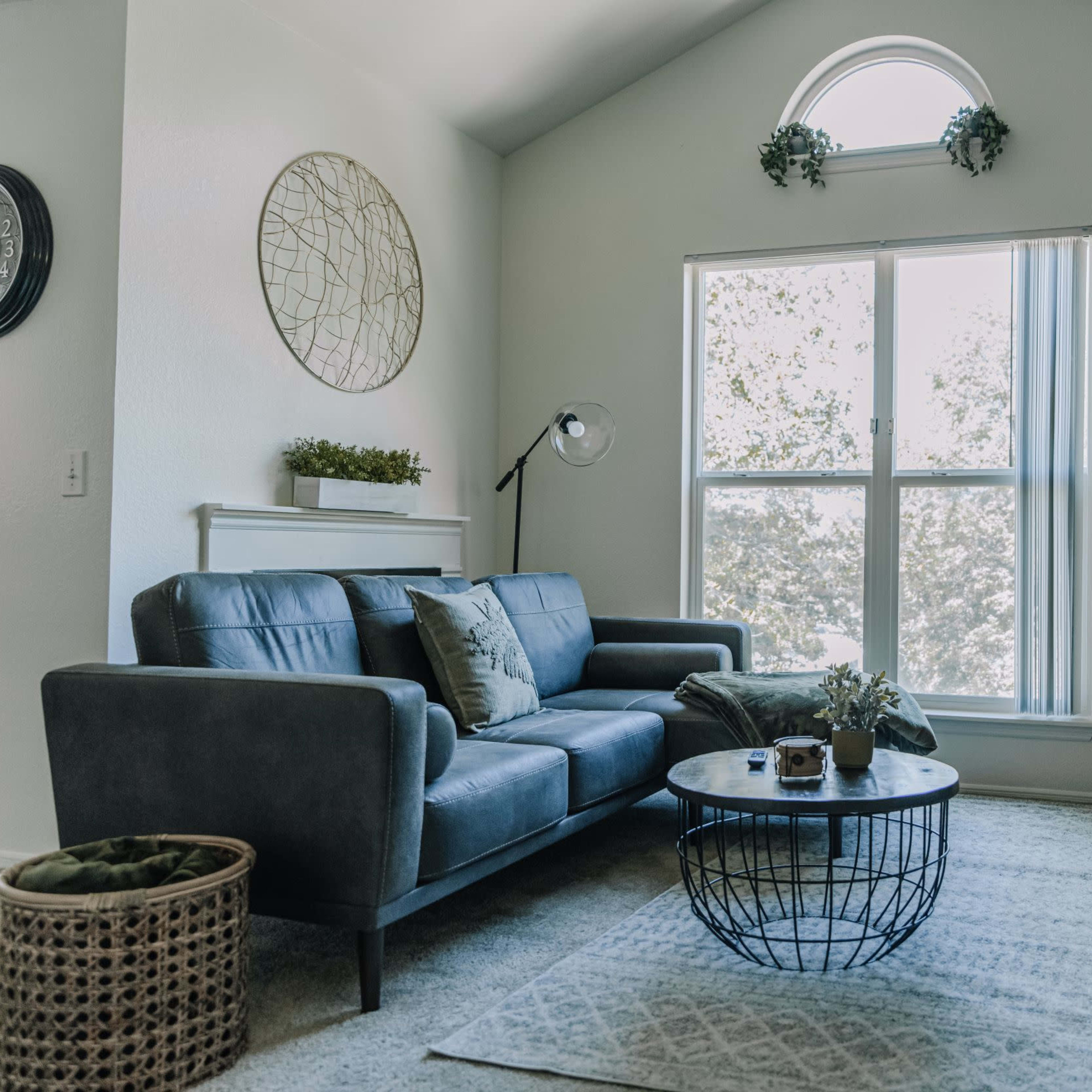 A modern living room with a gray sofa, a round coffee table, a decorative rug, and a large window allowing natural light to enter.