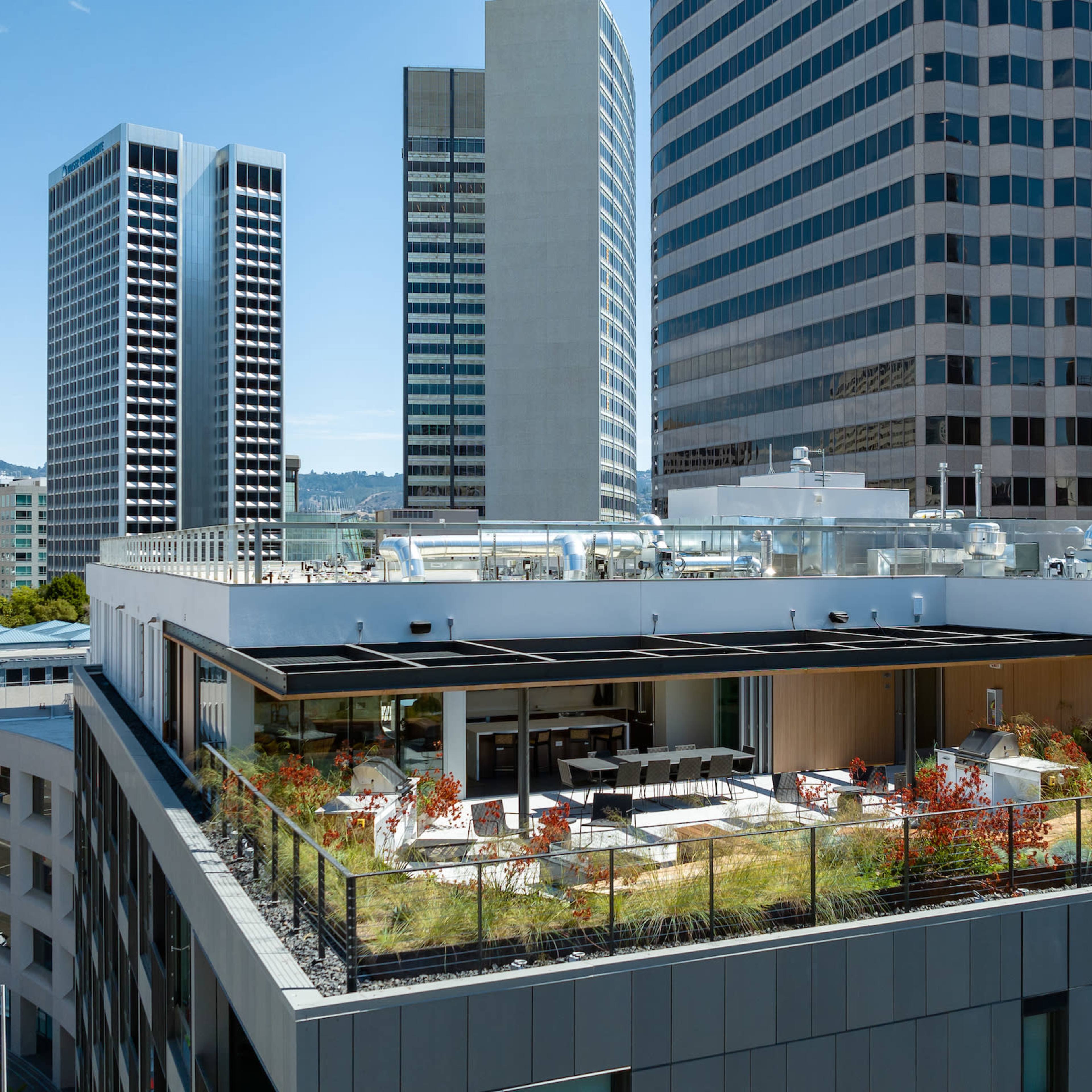 A rooftop terrace featuring various plants and seating areas is situated atop a modern building surrounded by taller skyscrapers.