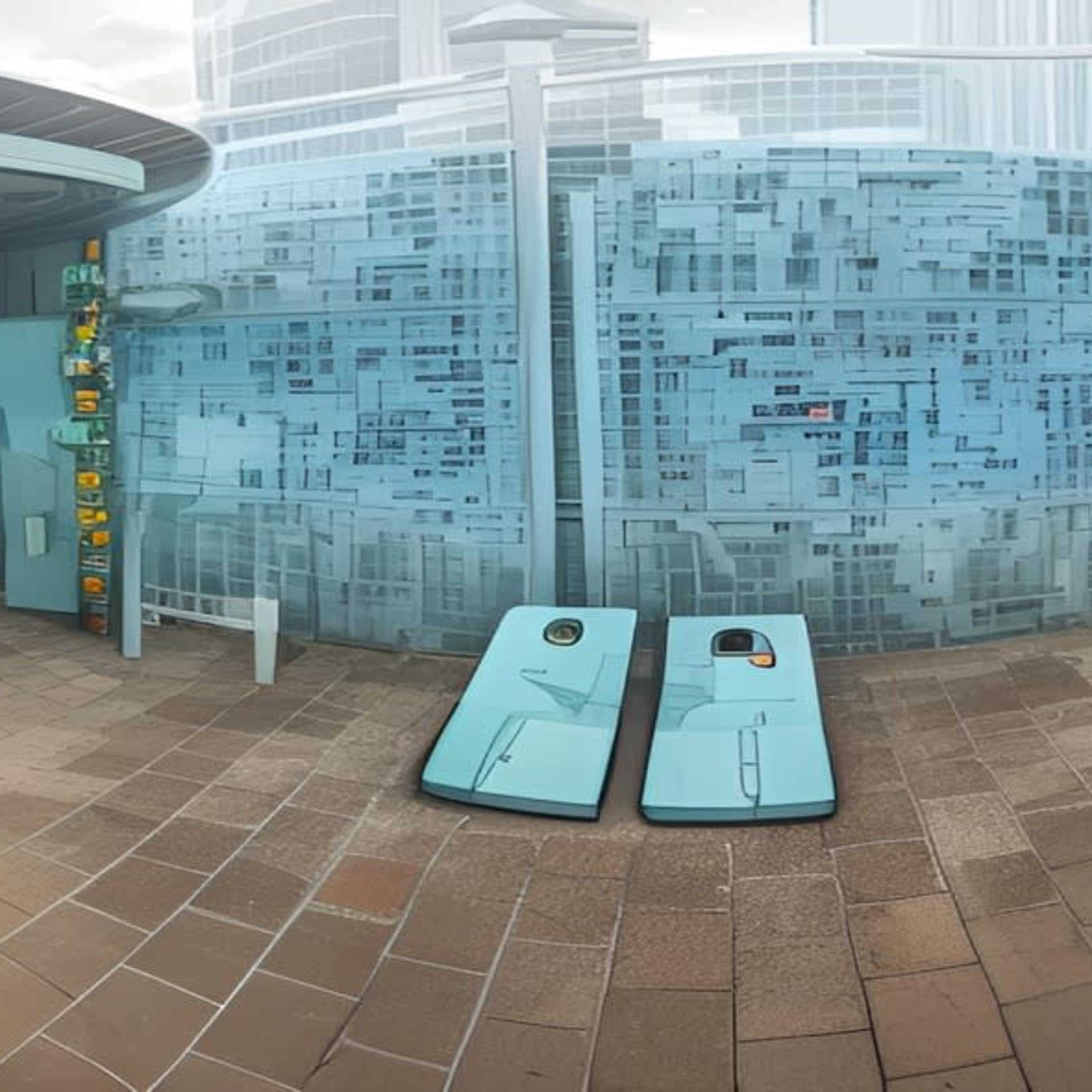 A modern outdoor space featuring a cafe area with turquoise furniture, a digital display, and transparent walls in an urban setting.