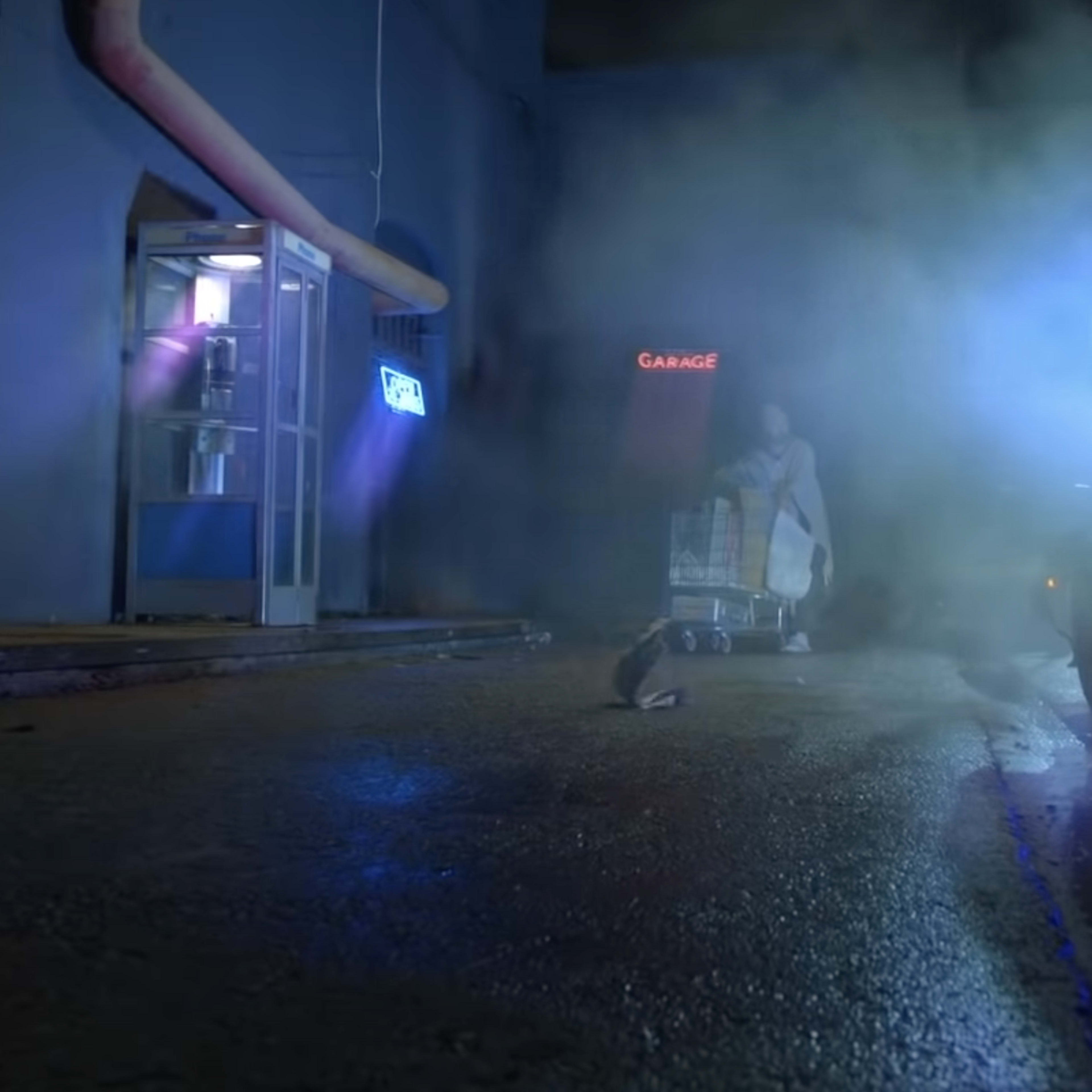 A vintage car emits blue neon lights in a misty alley, with a figure pushing a cart nearby.