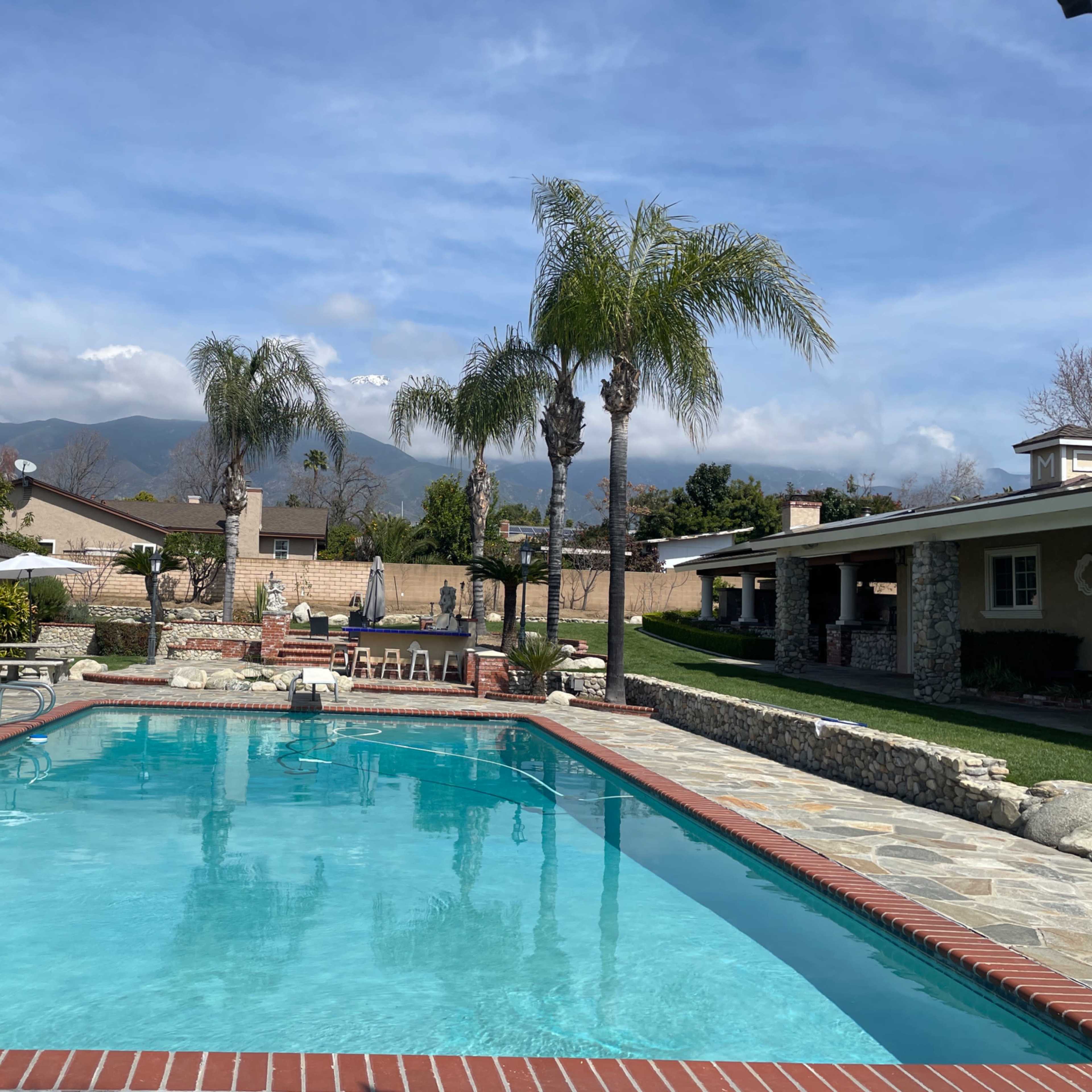 A clear swimming pool is surrounded by palm trees and houses, with mountains visible in the background under a partly cloudy sky.