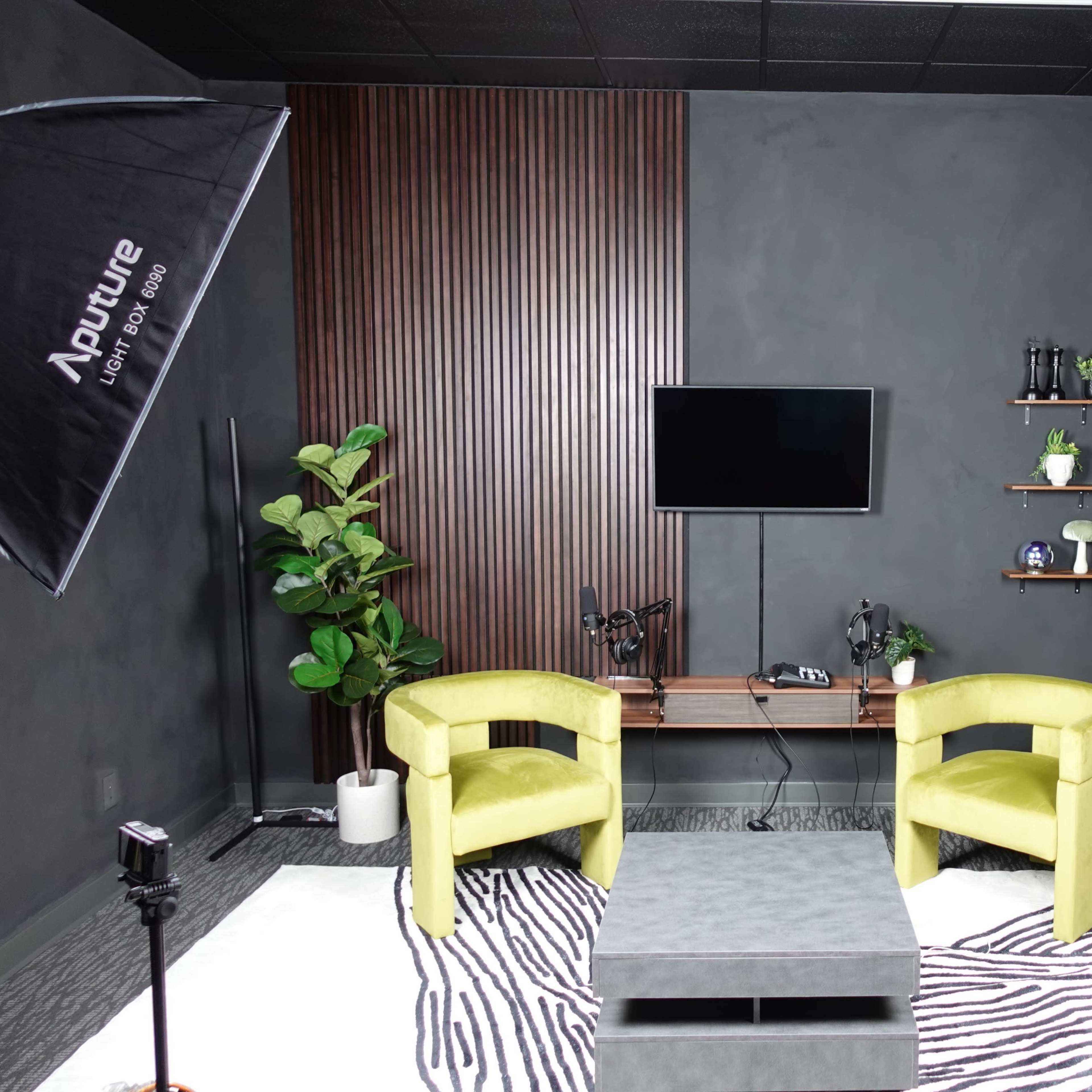A modern studio setup features two yellow chairs, a coffee table, and a television on a dark wall, surrounded by decorative shelves and greenery.