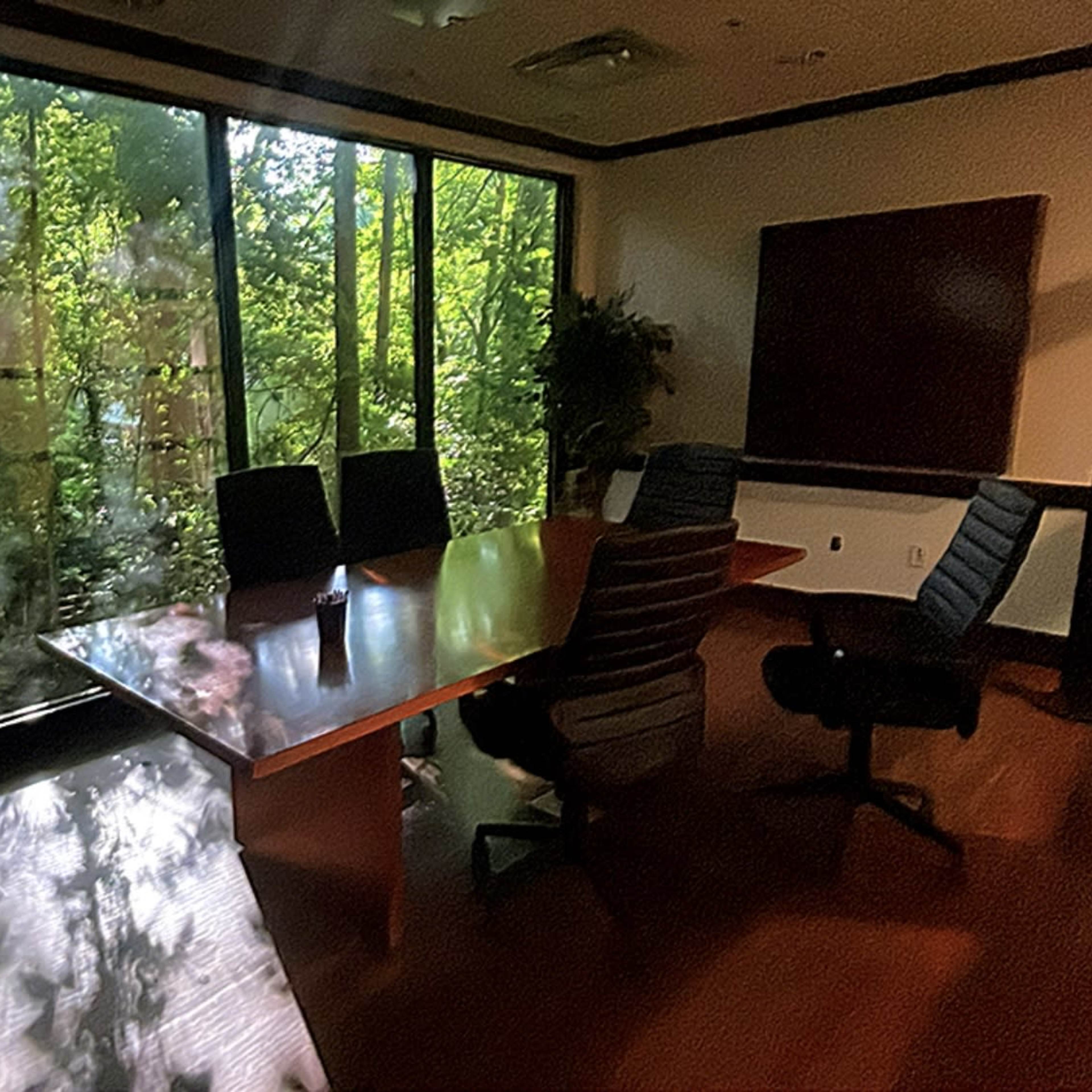 A conference room with a large table and chairs is illuminated by sunlight filtering through large windows overlooking a wooded area.