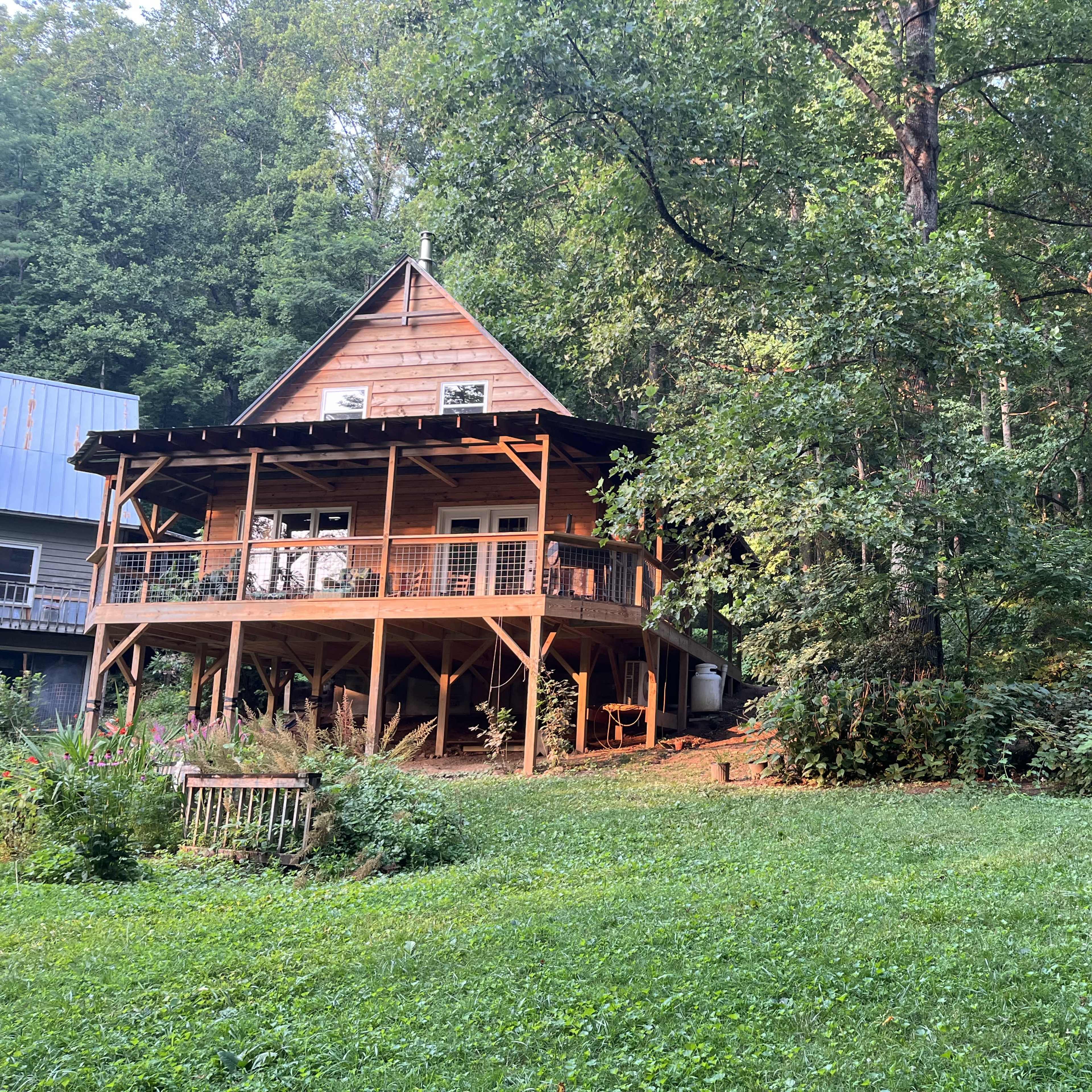 A wooden cabin situated on a grassy area surrounded by dense trees.