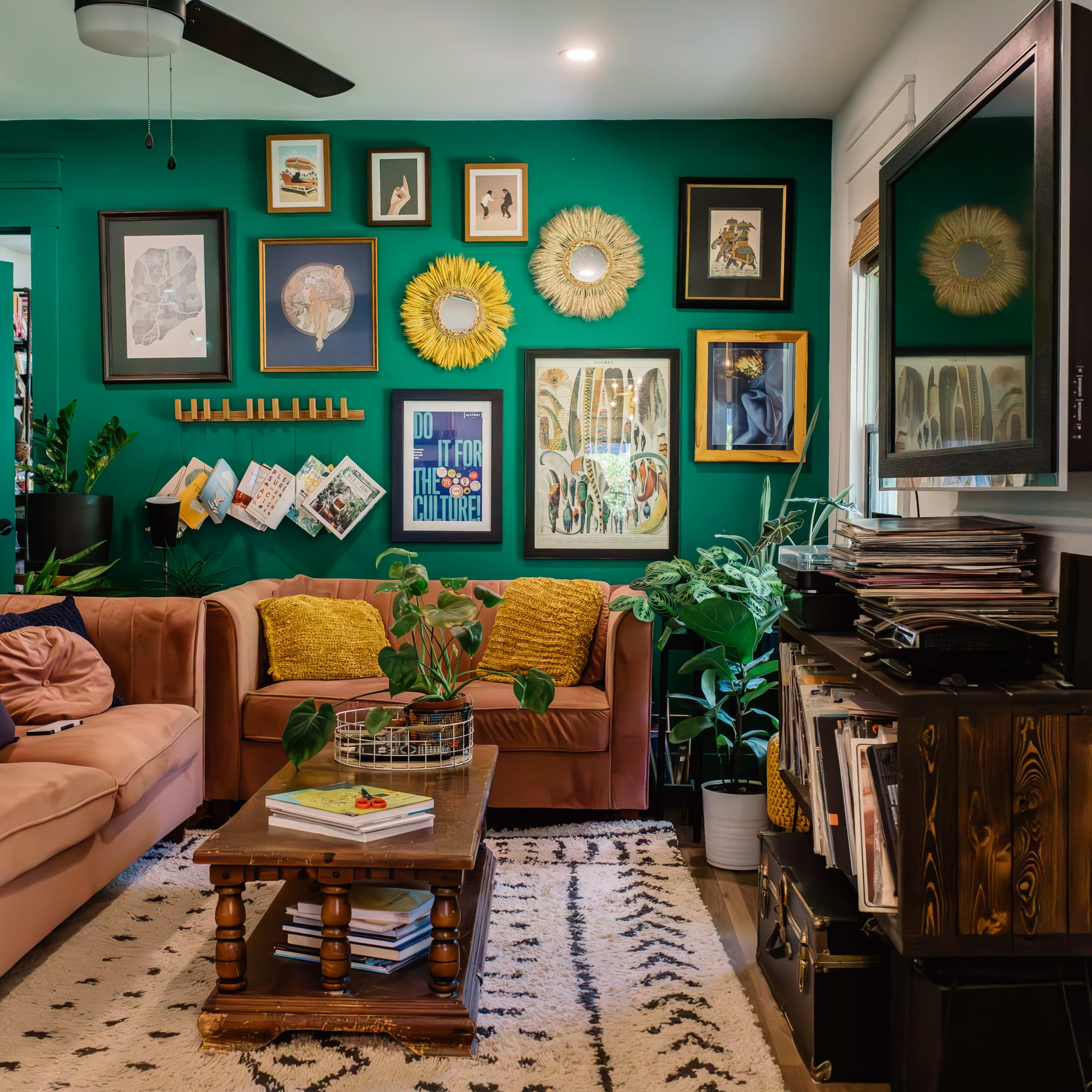 A living room features a green accent wall adorned with framed artwork, a pink sofa, a wooden coffee table, and various houseplants.