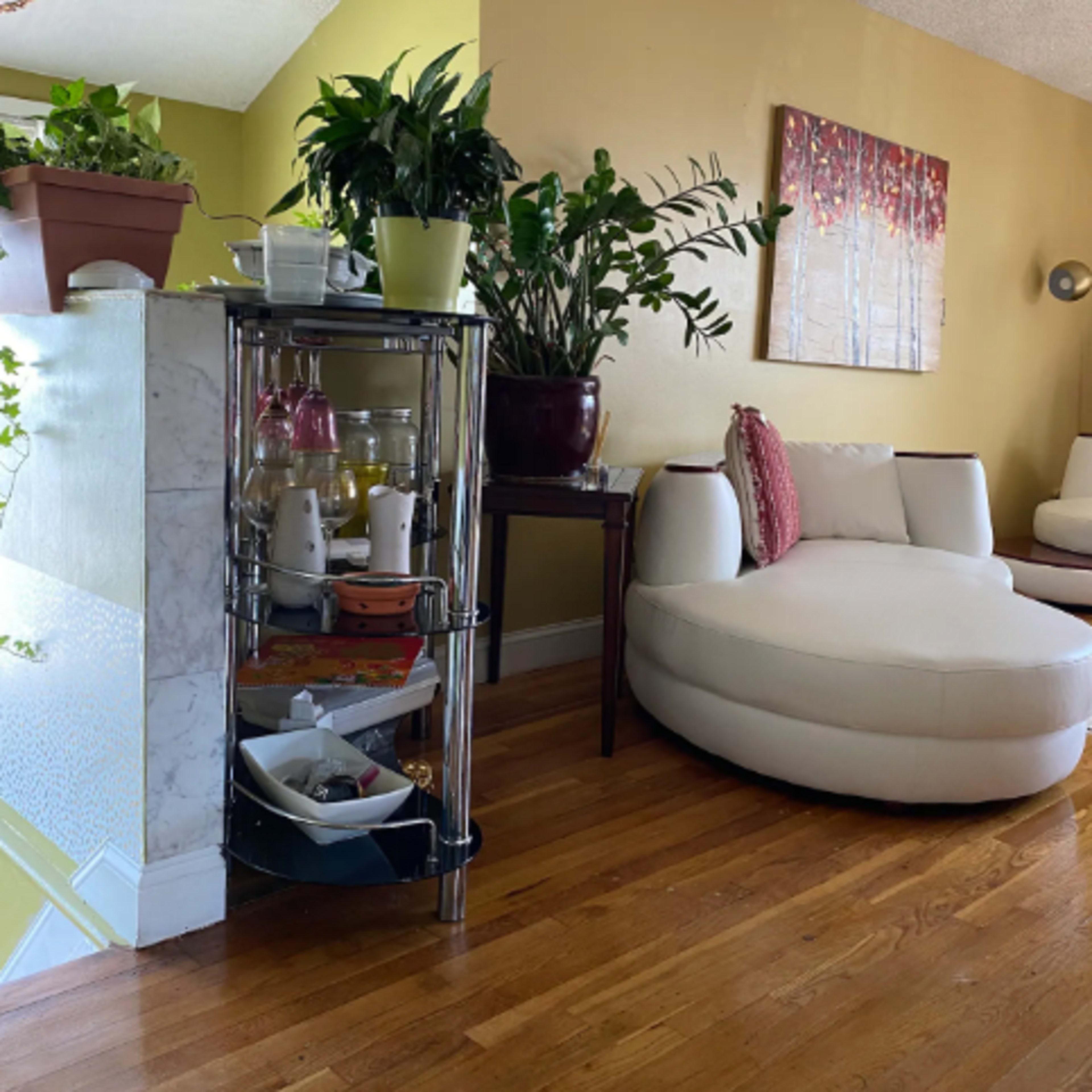 A cozy living room with a white curved sofa, a plant-filled shelf, and a wall adorned with a painting.