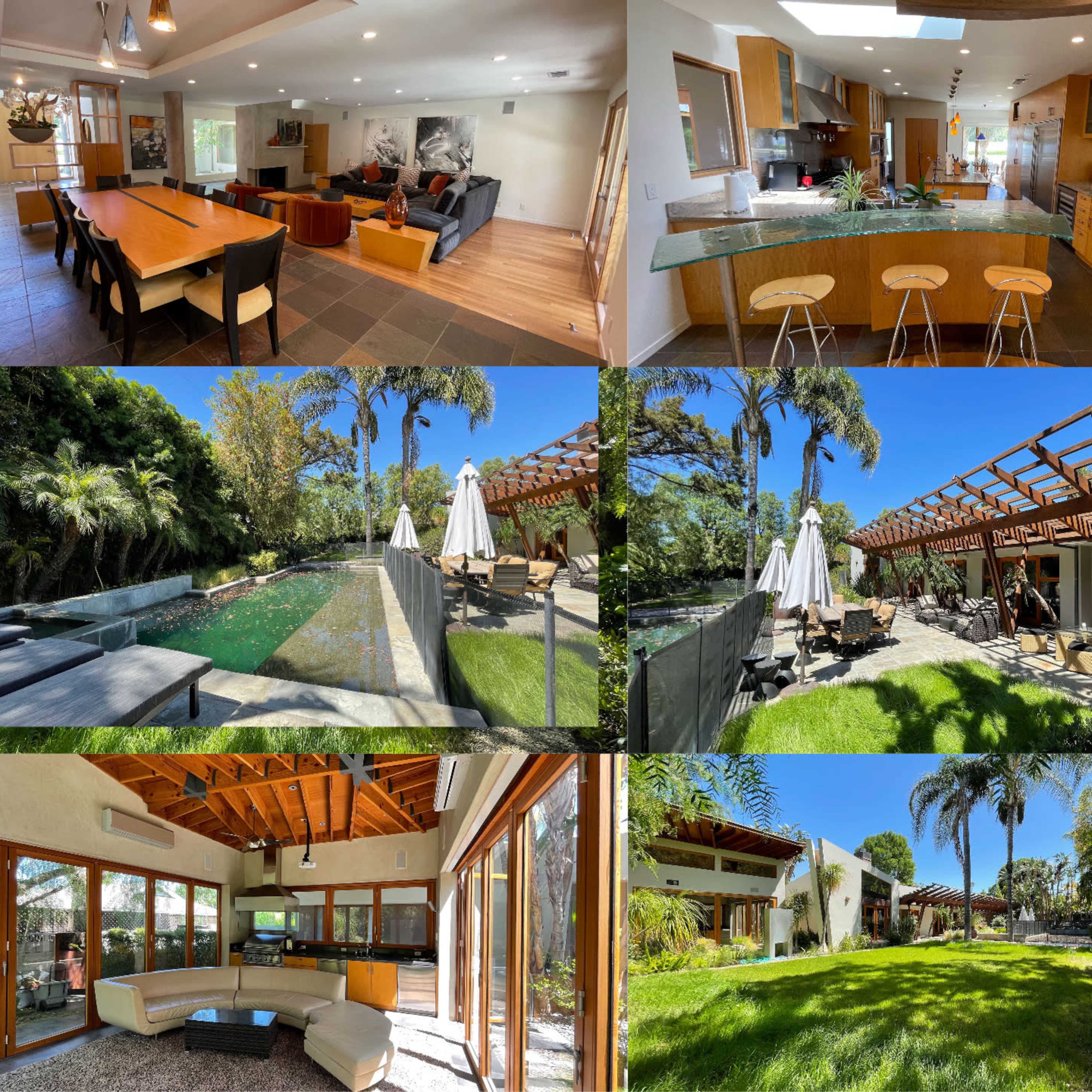 Various views of a spacious modern home featuring interior rooms, a kitchen, outdoor patio areas, a swimming pool, and landscaped gardens.