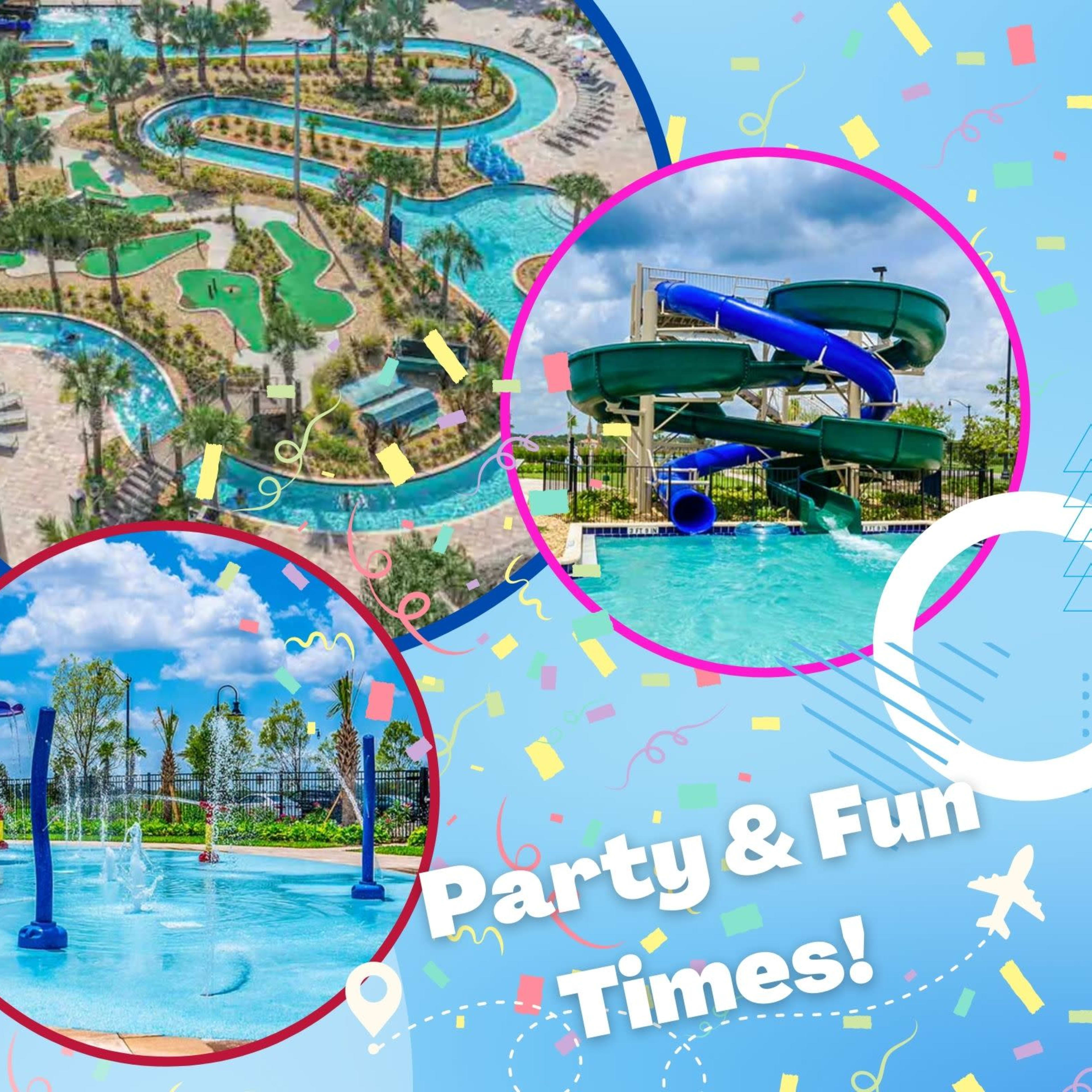 A vibrant water park with a winding lazy river, water slides, and interactive splash areas, all set against a backdrop of palm trees and bright blue skies.