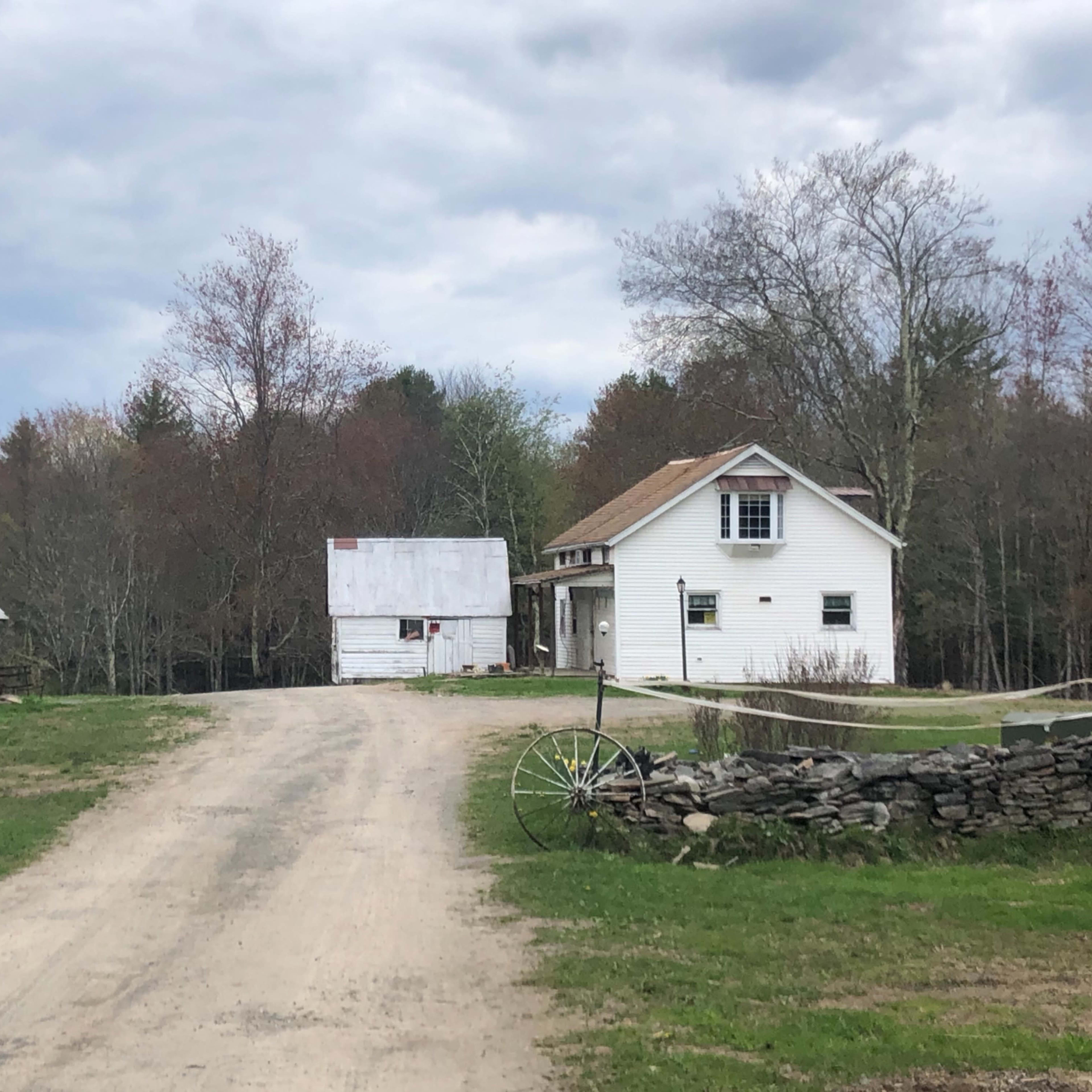 A dirt road leads past two structures, one red and one white, with trees in the background and a stone wall along the side.