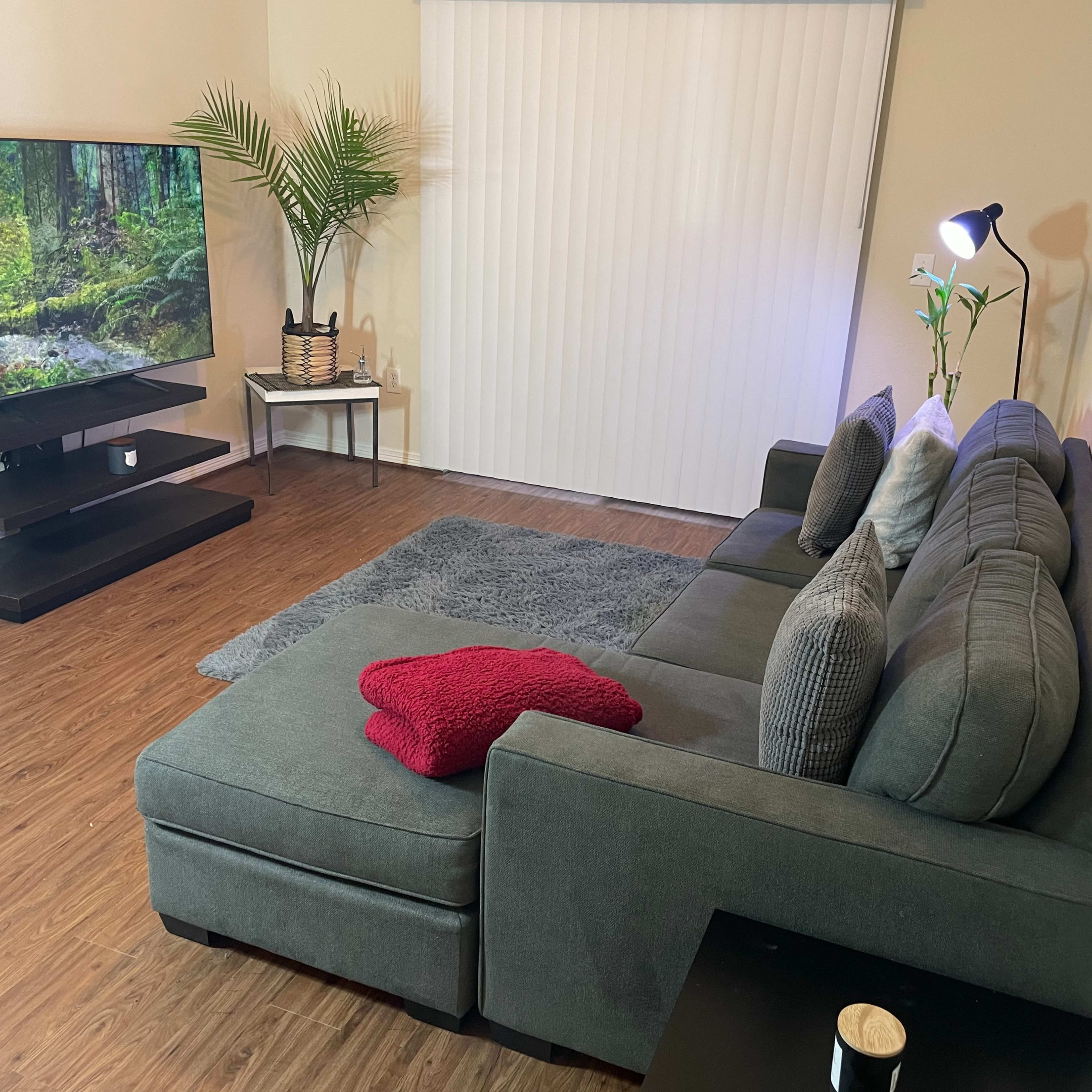 A living room with a gray sectional sofa, a coffee table, a television displaying a forest scene, and a potted plant near a window with vertical blinds.