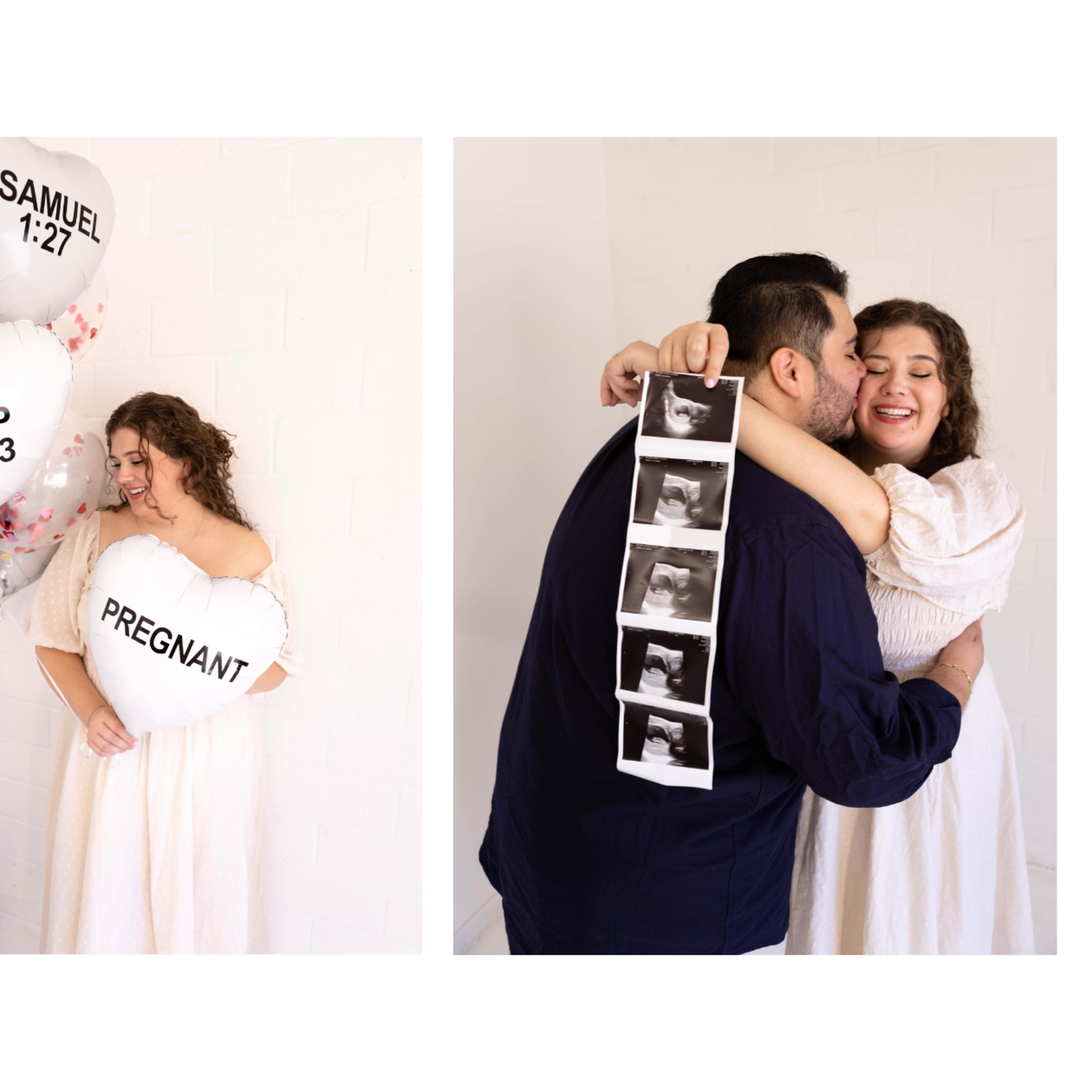A couple poses together, holding a baby onesie and ultrasound photos, with heart-shaped balloons announcing their pregnancy.