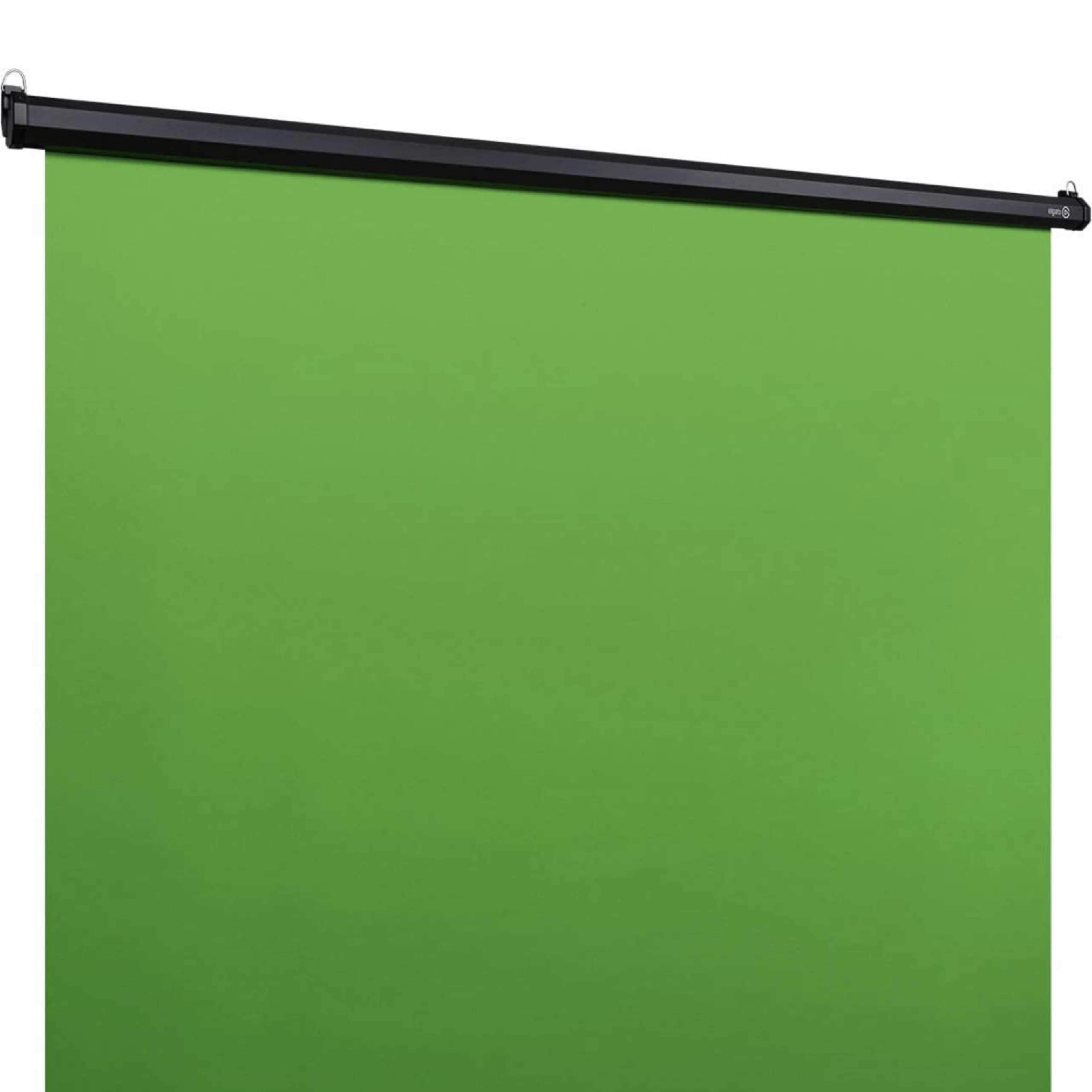A green screen backdrop mounted on a black roller.