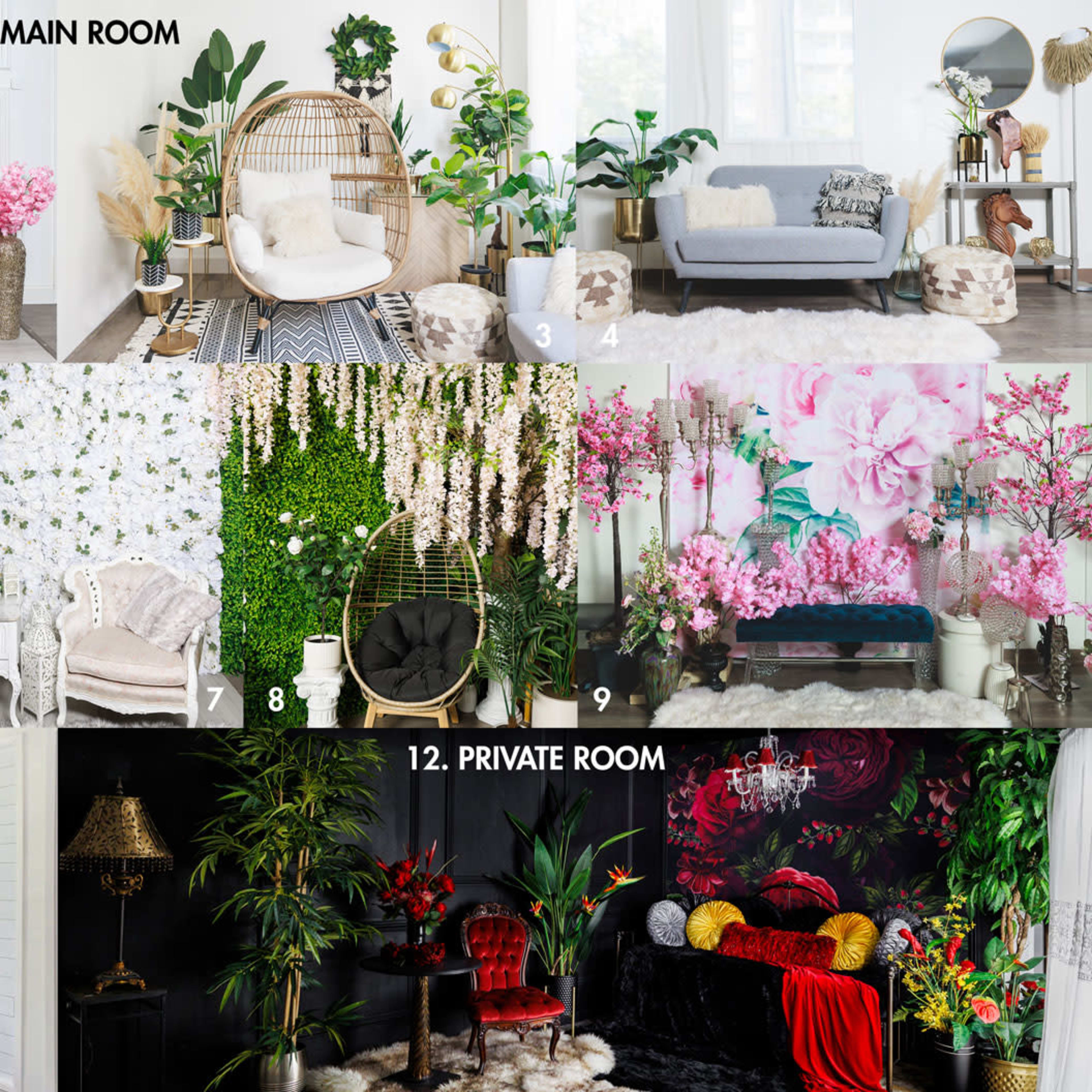 A collage of different beautifully decorated room settings, including a main room, front rooms, and a private room, showcasing various styles and furnishings.