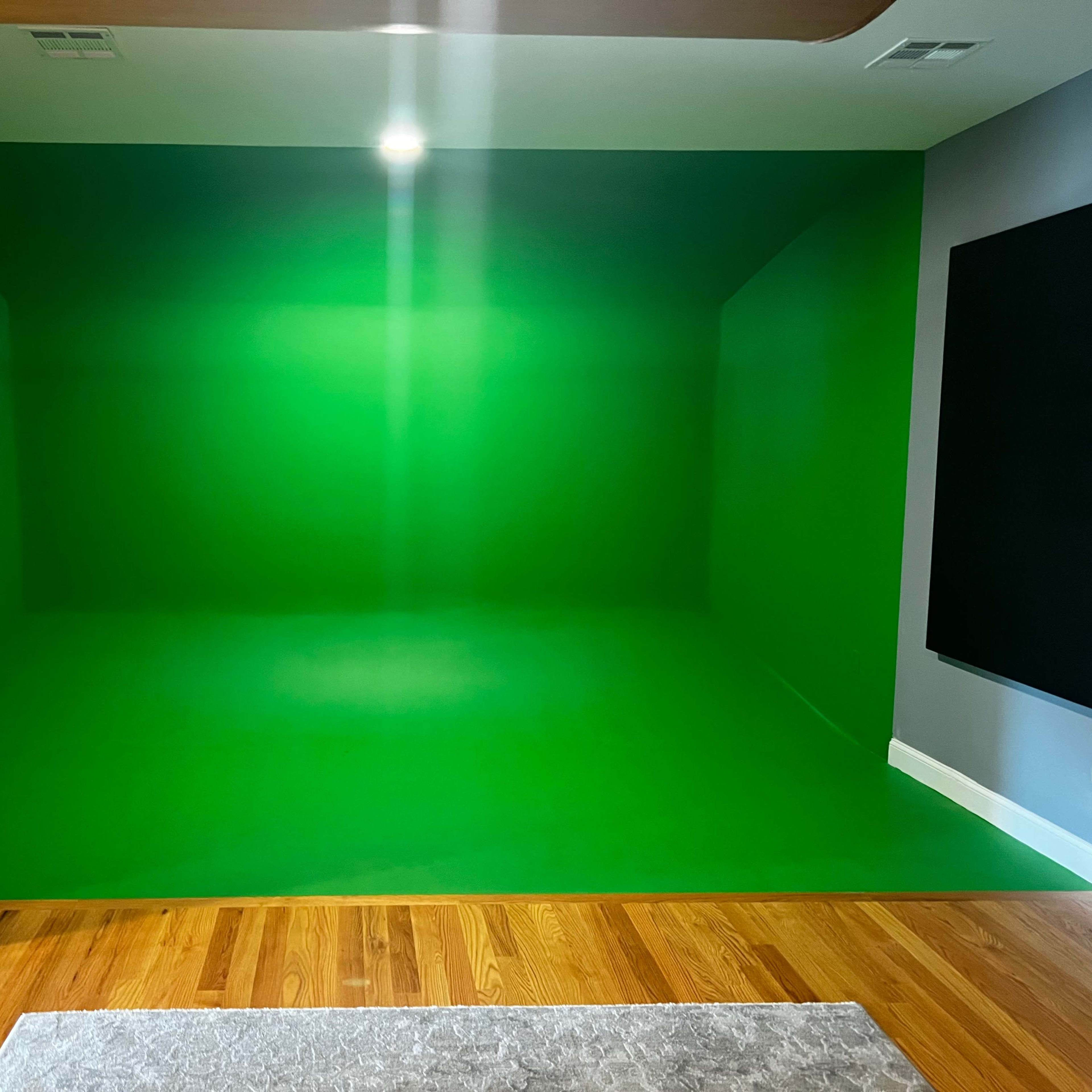 A green-screen studio with a solid green wall and floor, framed by gray walls and a glass door.