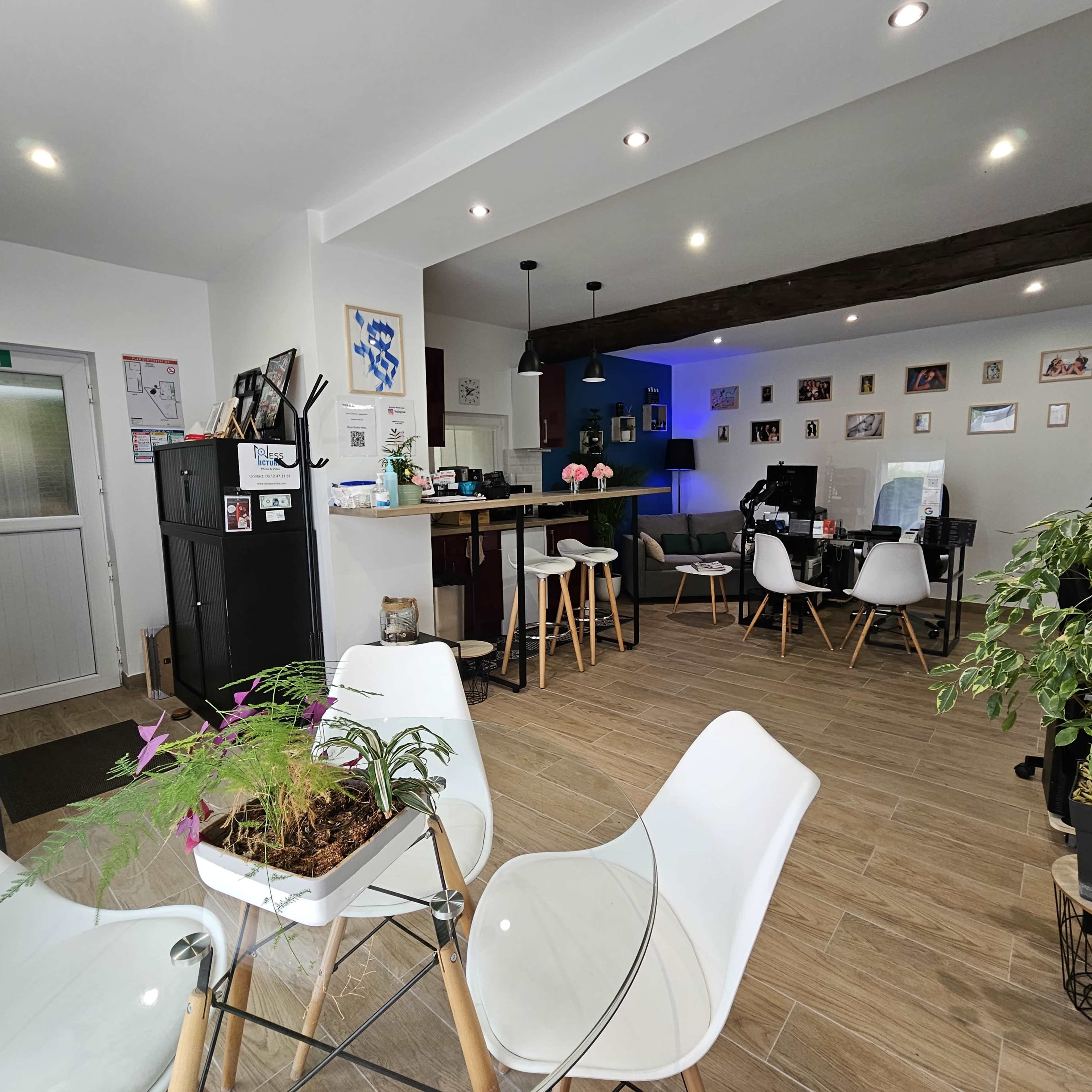A modern, open-plan kitchen and dining area with white chairs and a mix of plants, featuring a bar counter and decorative artwork on the walls.