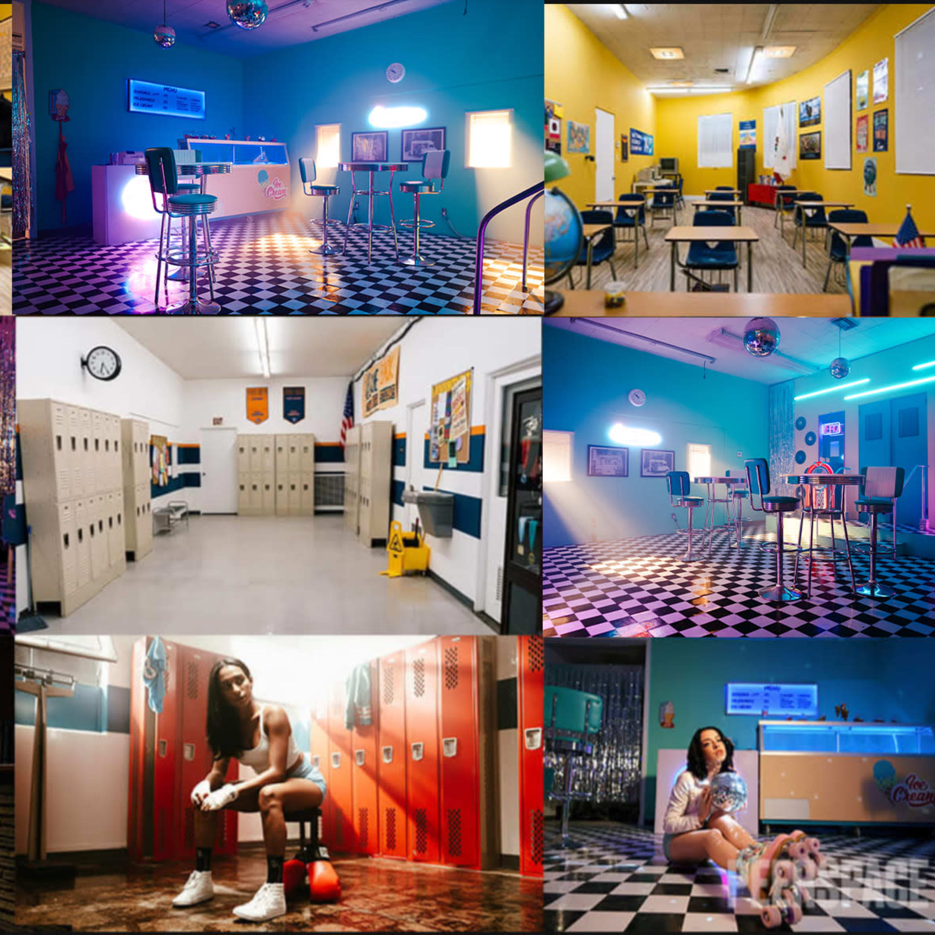 A series of brightly colored rooms, including classrooms and locker areas, each decorated with disco balls and neon lights, arranged in a 3x3 grid layout.