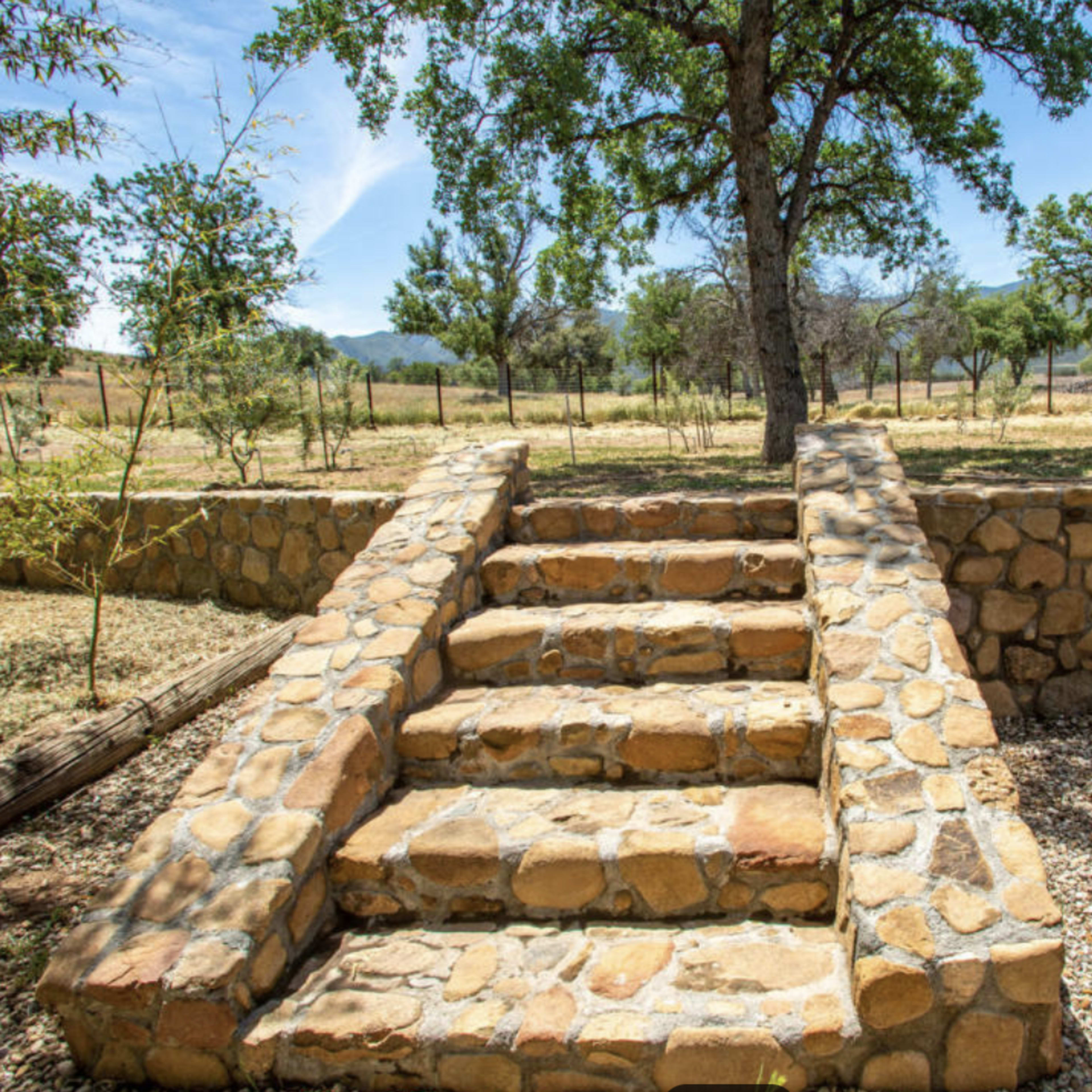 A stone staircase leading up from a gravel area to a grassy hillside surrounded by trees.