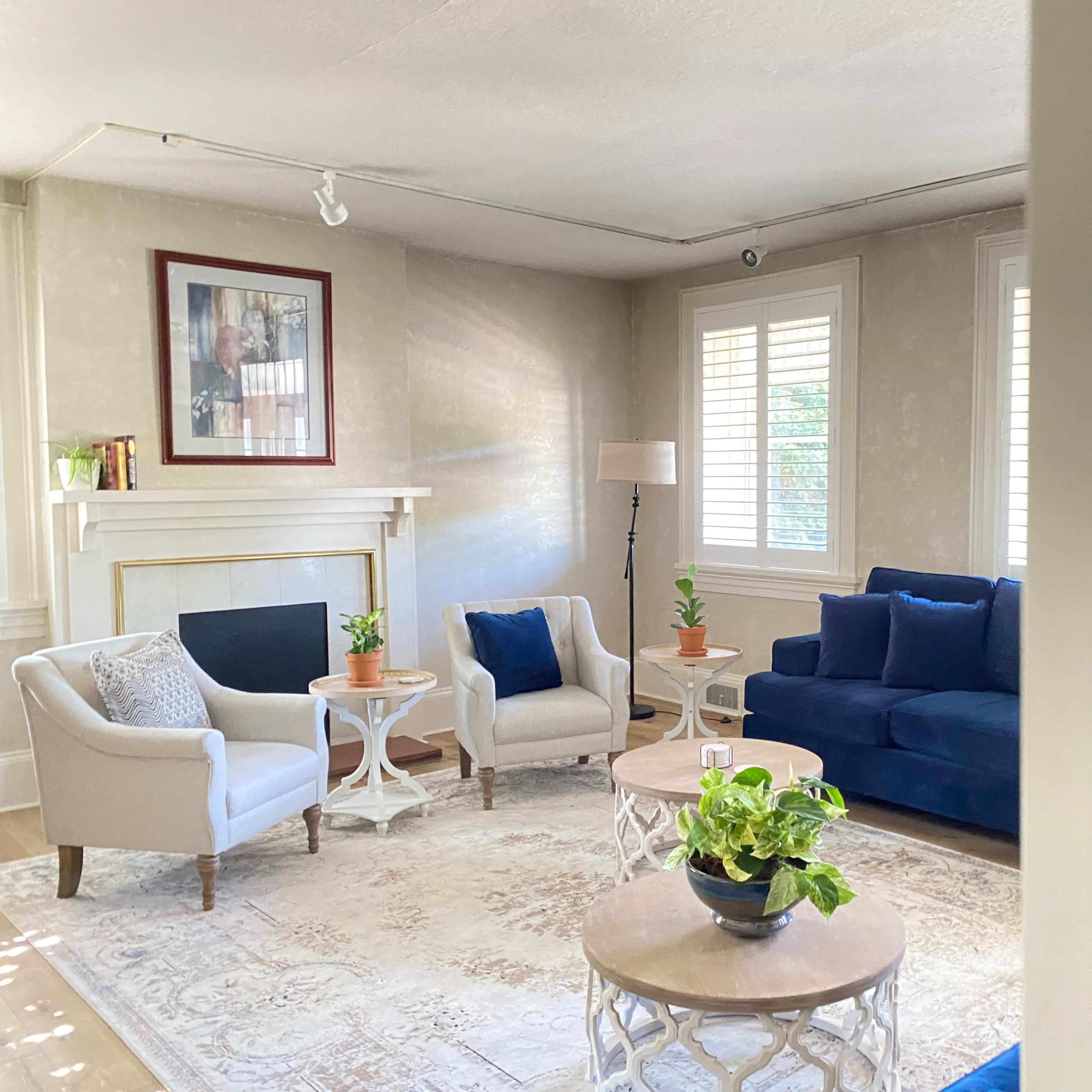 A living room with a blue sofa, two light-colored armchairs, a patterned rug, and potted plants on circular coffee tables.