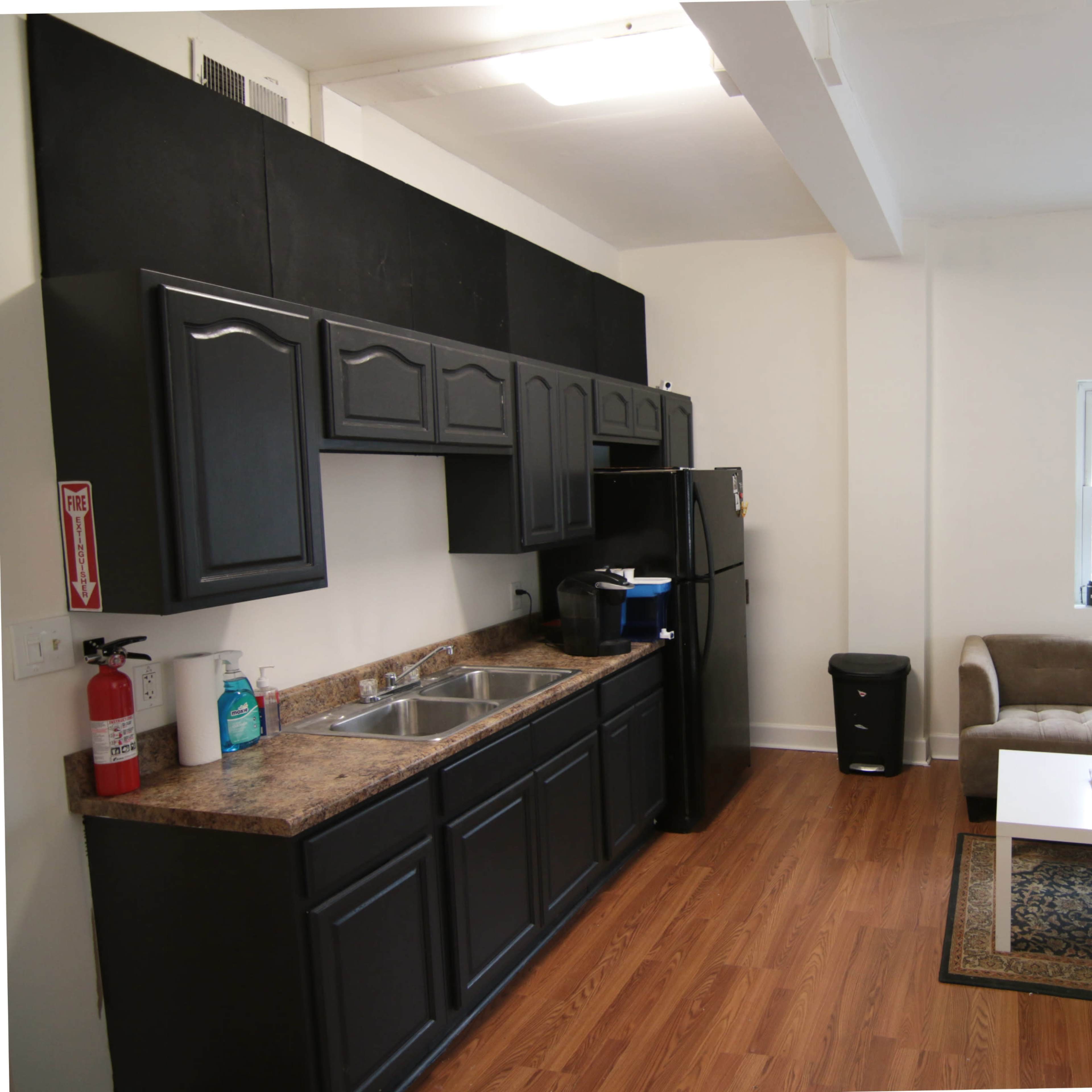 A small kitchen area with black cabinets, a sink, and a refrigerator, adjacent to a living space furnished with a beige couch, a coffee table, and a potted plant.