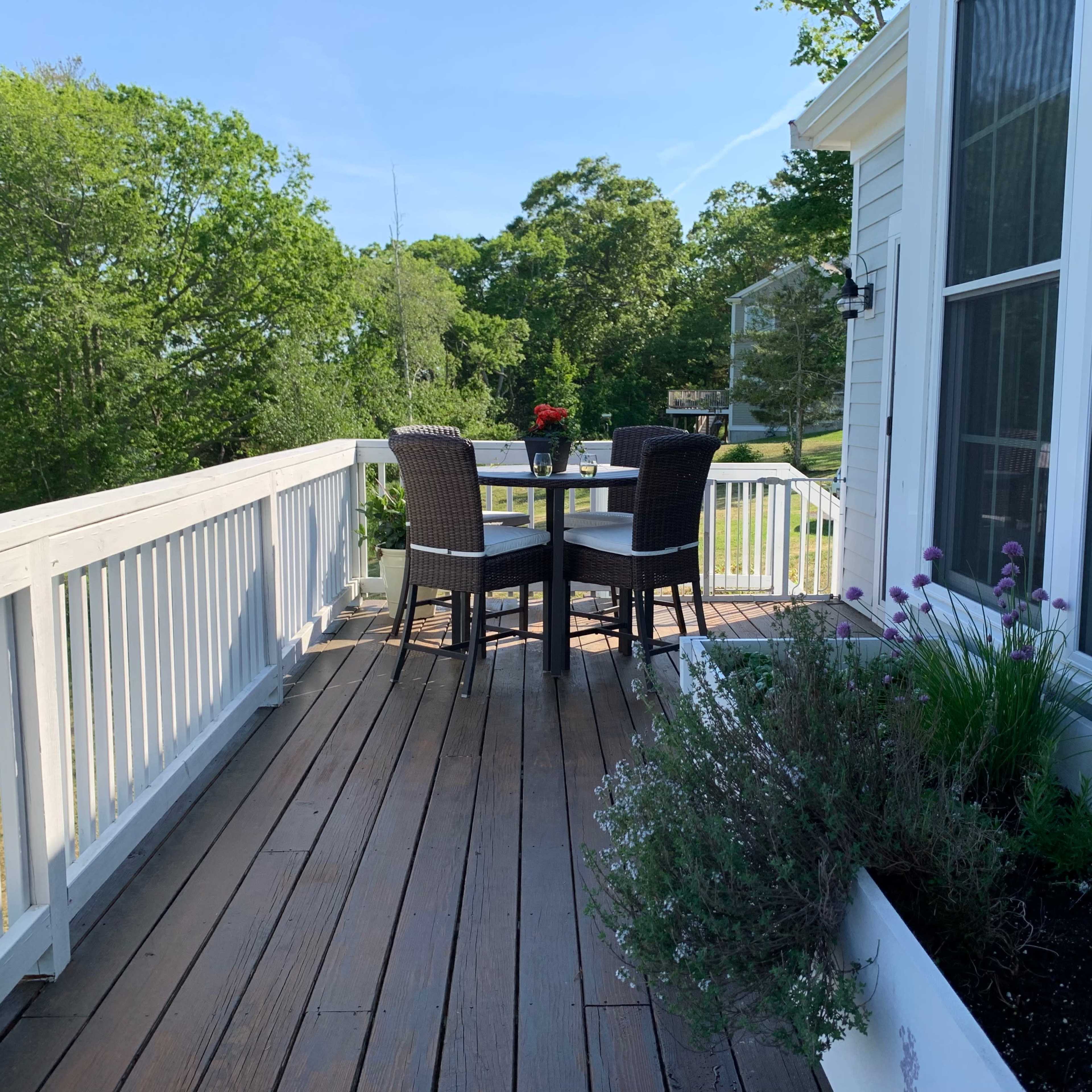 A wooden deck features a dining table with chairs and potted plants, surrounded by lush greenery.