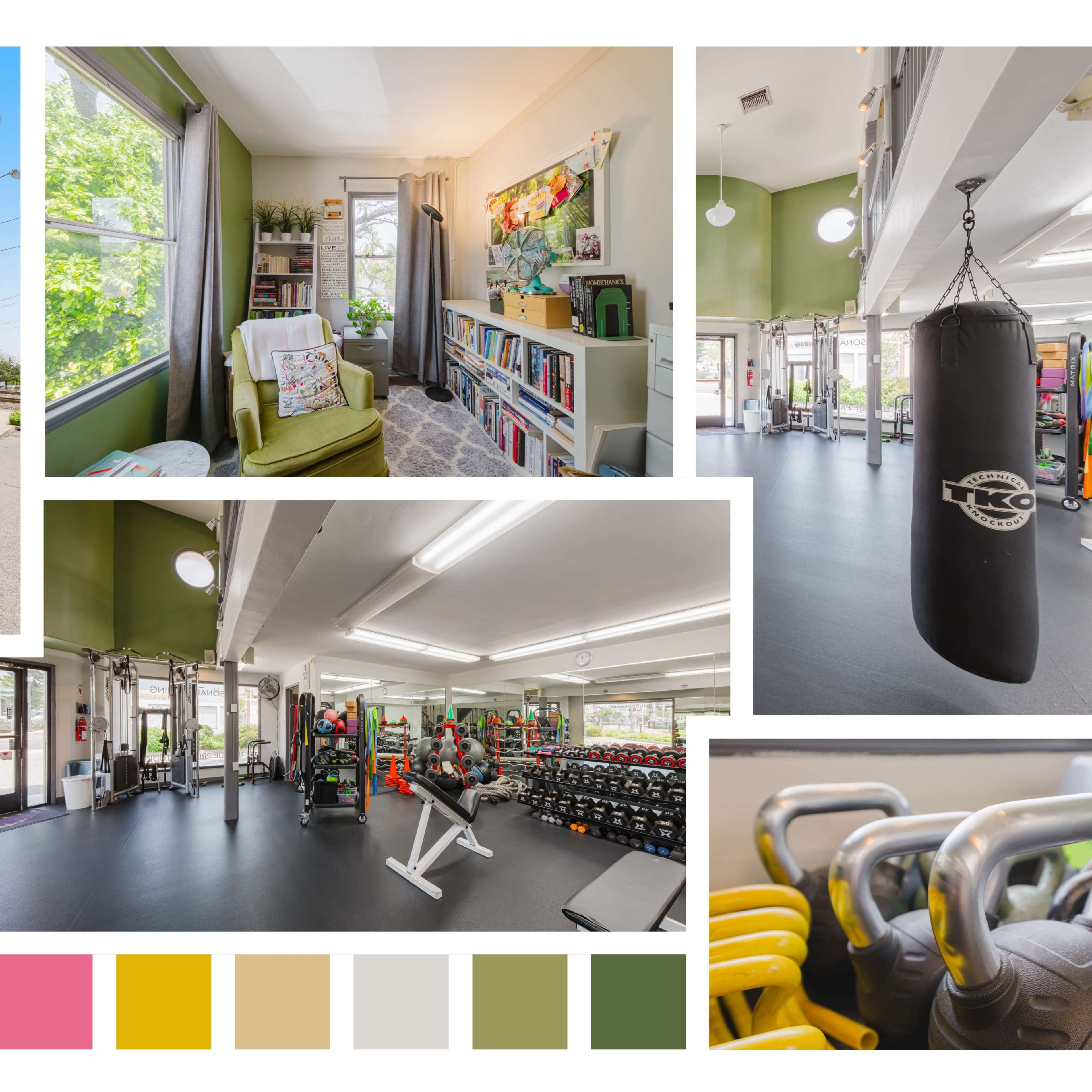 A fitness facility with an exterior entrance, interior workout spaces, exercise equipment, and seating areas filled with natural light.