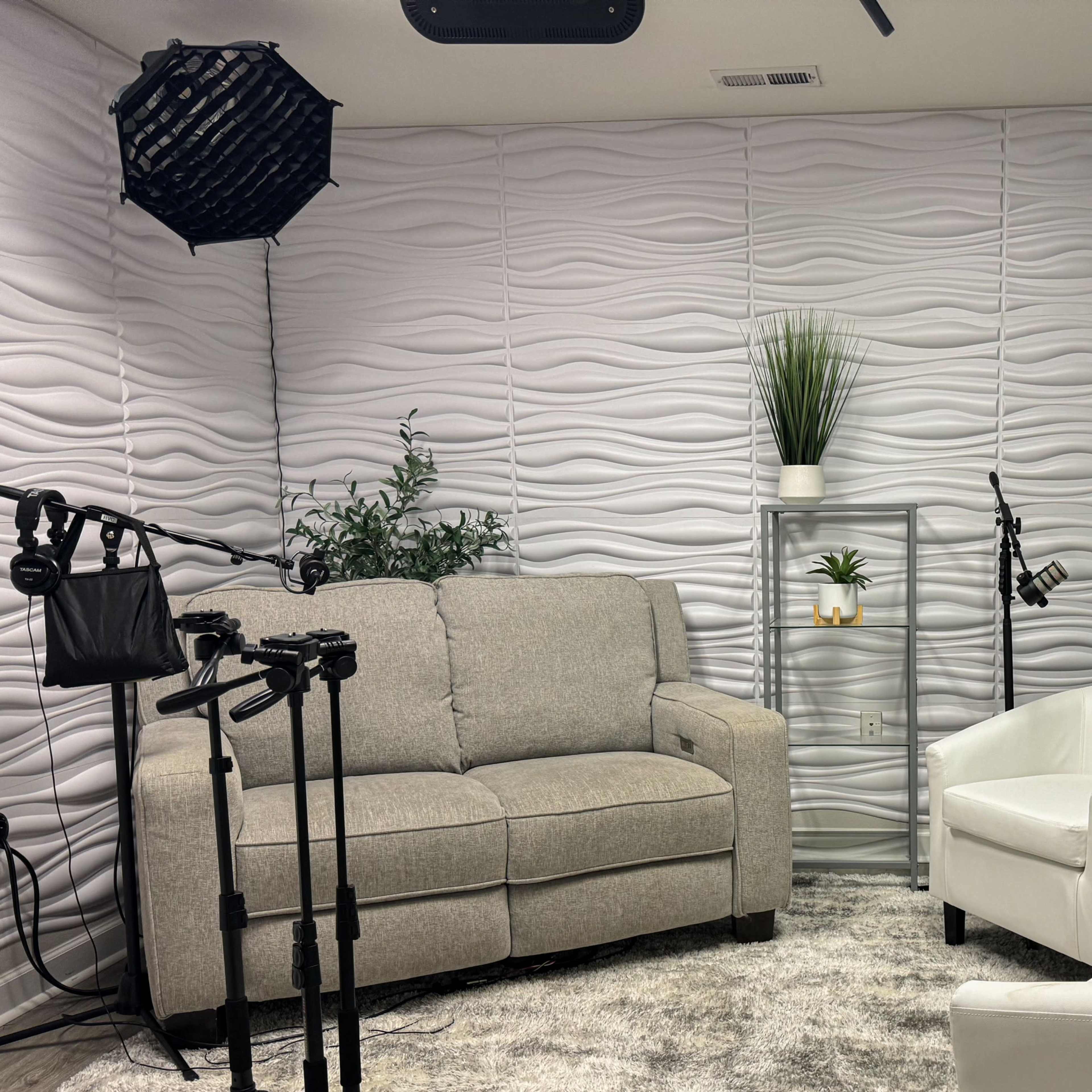 A modern indoor setting featuring a gray sofa, two white chairs, a decorative shelf with plants, and green wall paneling, all under a soft lighting arrangement.