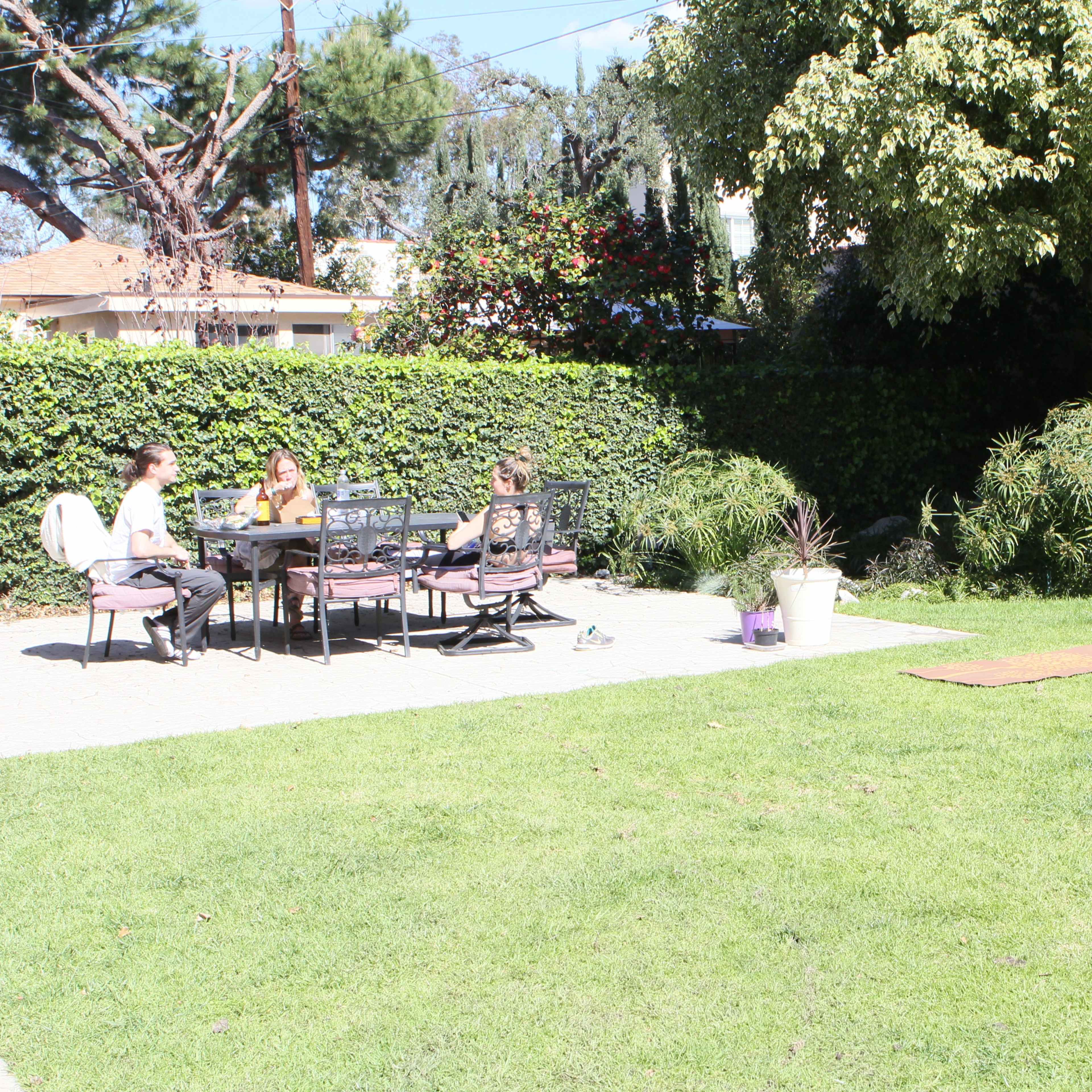 A group of three people sits around a table in a backyard, with greenery and shrubs in the background.