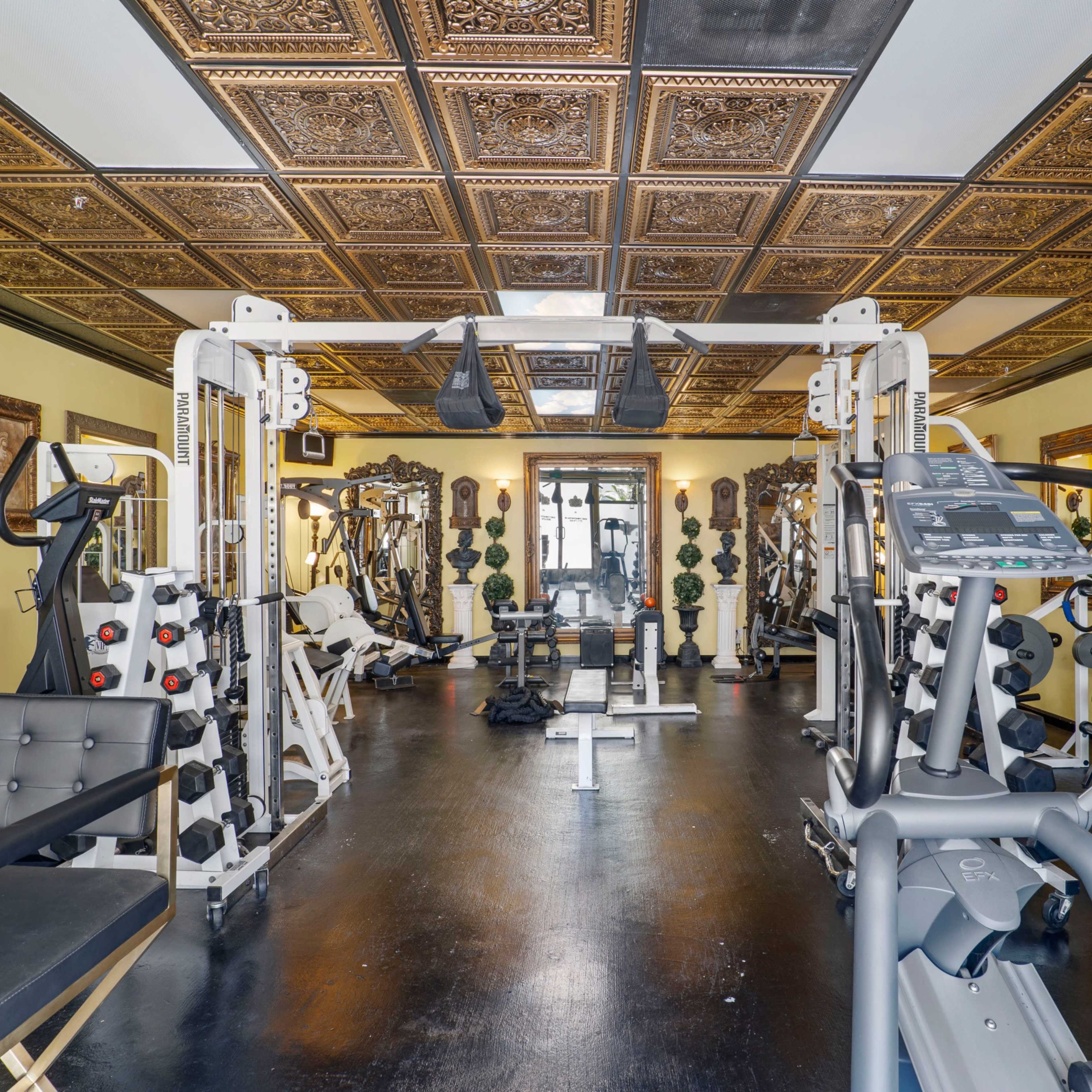 A gym with various exercise machines, illuminated by wall-mounted artwork and decorative ceiling tiles.