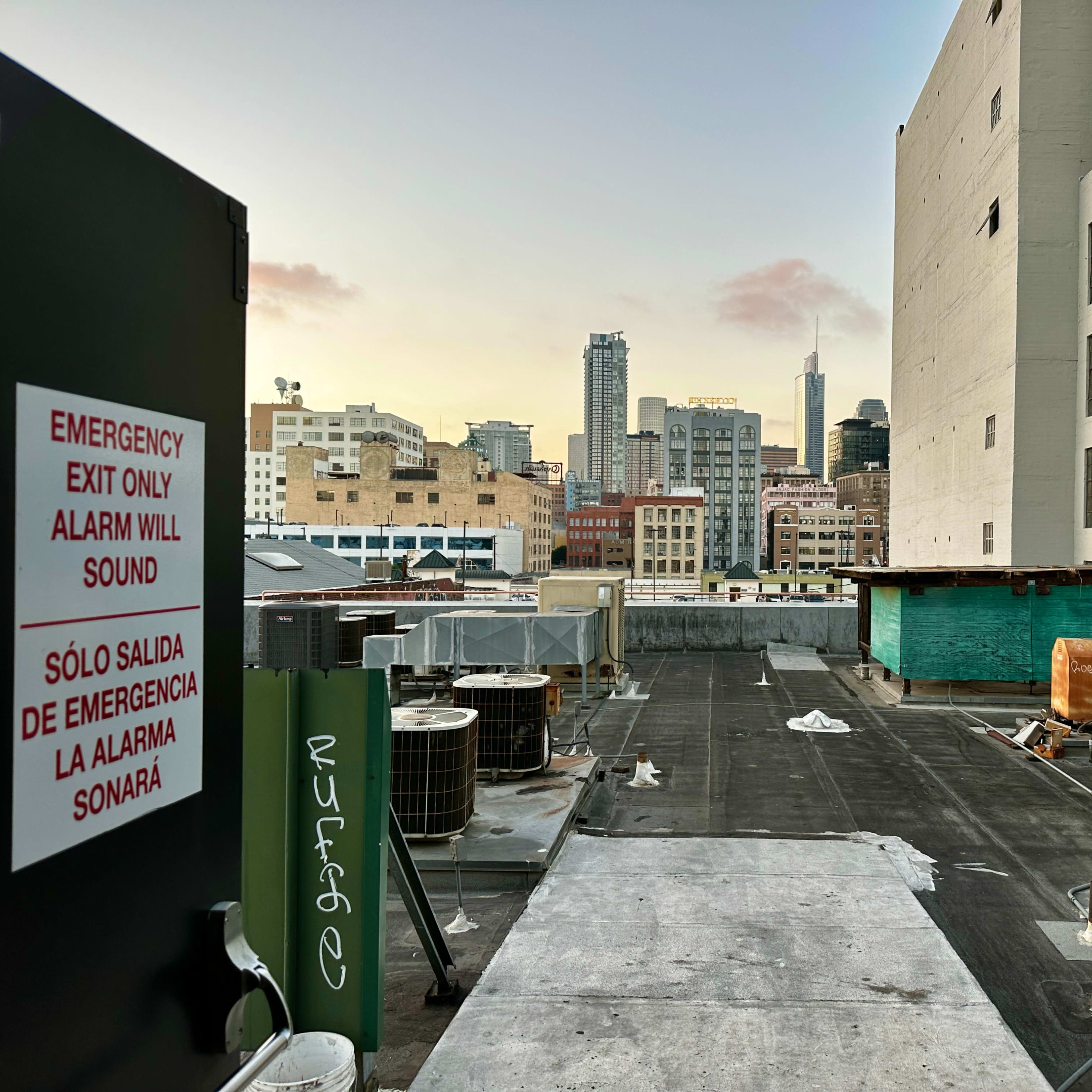 A view from a rooftop looking towards a city skyline at dusk, featuring buildings and a distant tower.