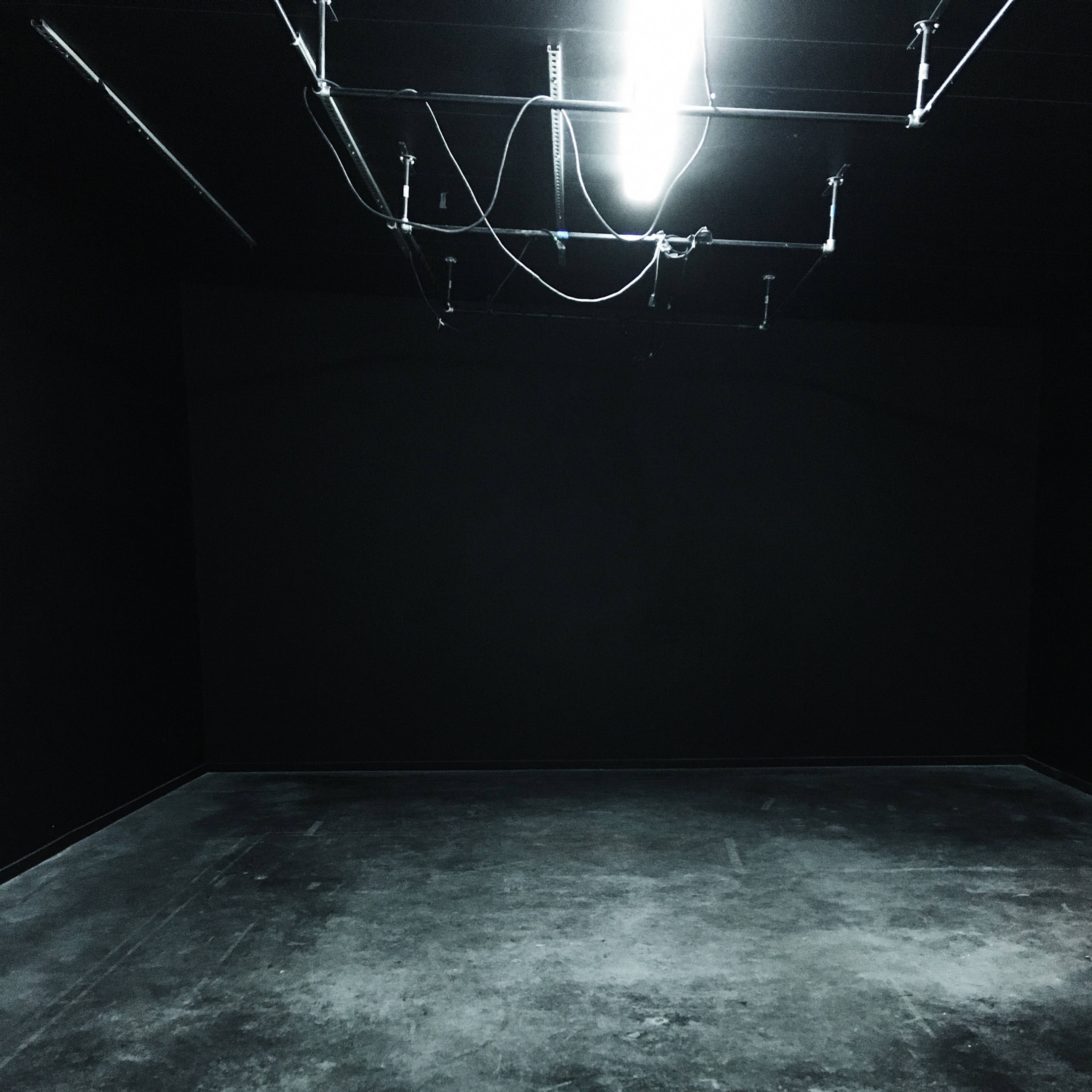 A dimly lit room with a concrete floor and black walls, featuring an overhead fluorescent light.