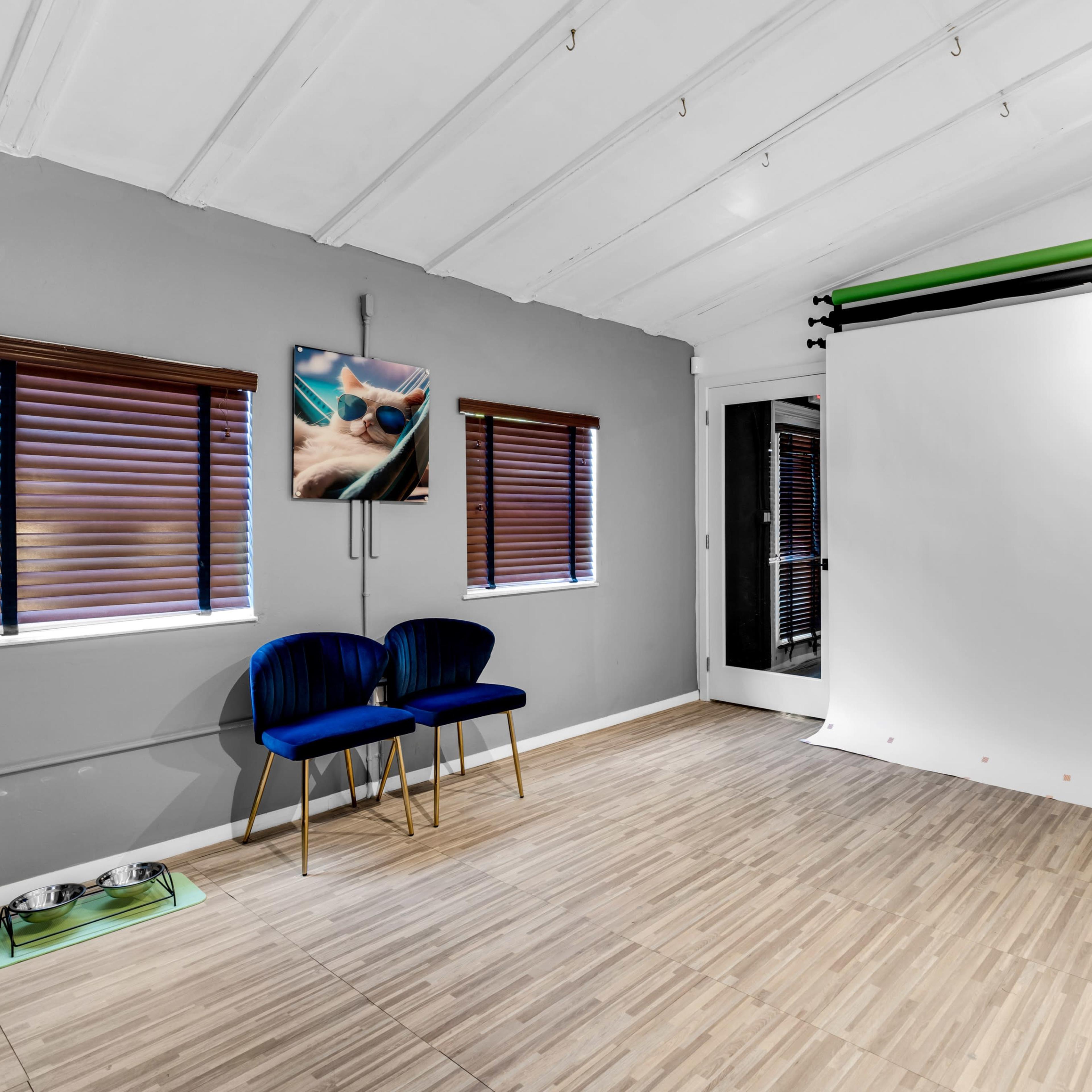 A photography studio with a white backdrop, two blue chairs, and a pet bowl on the floor.