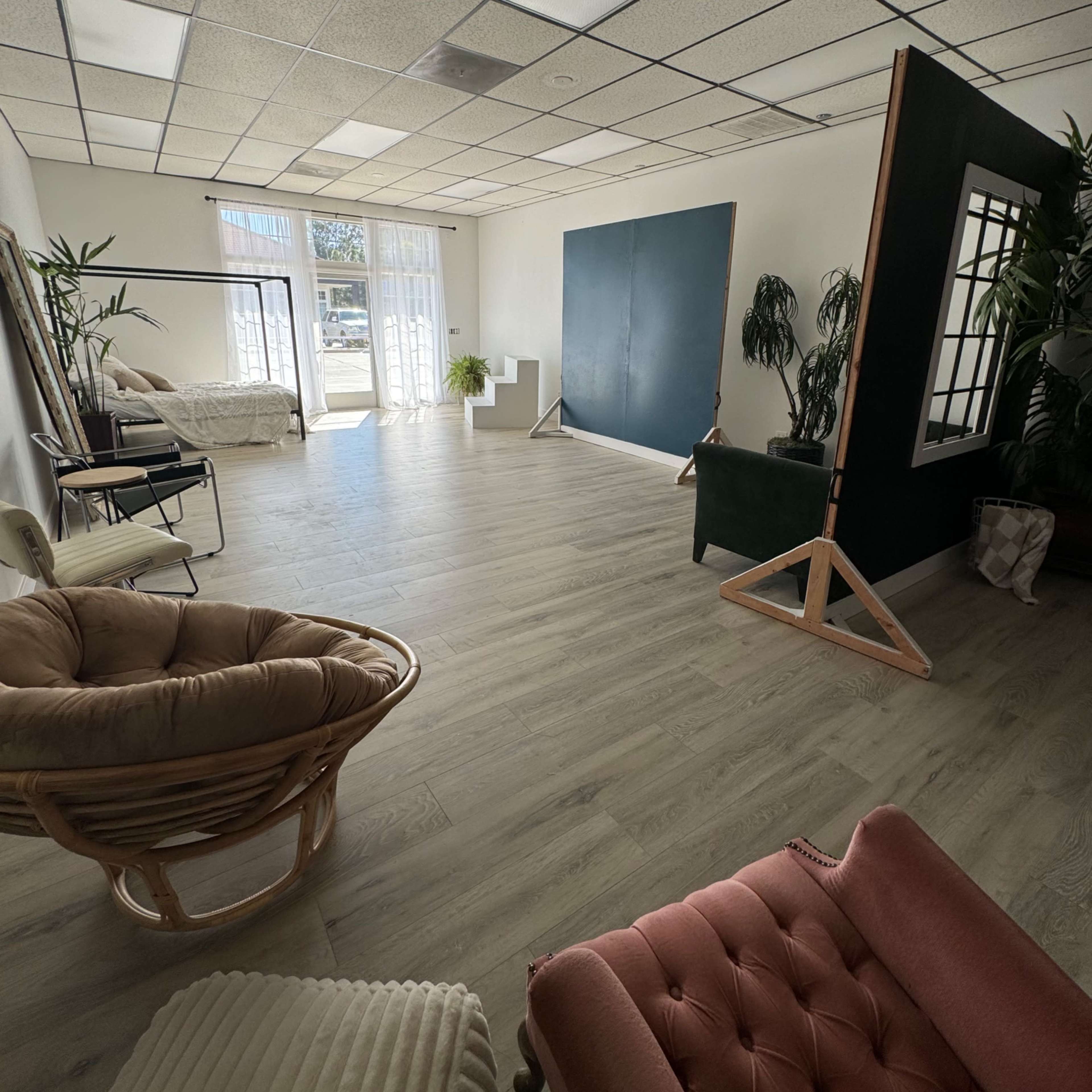 A spacious room with light-colored wooden flooring, featuring various seating options and green plants, along with a backdrop for photography.