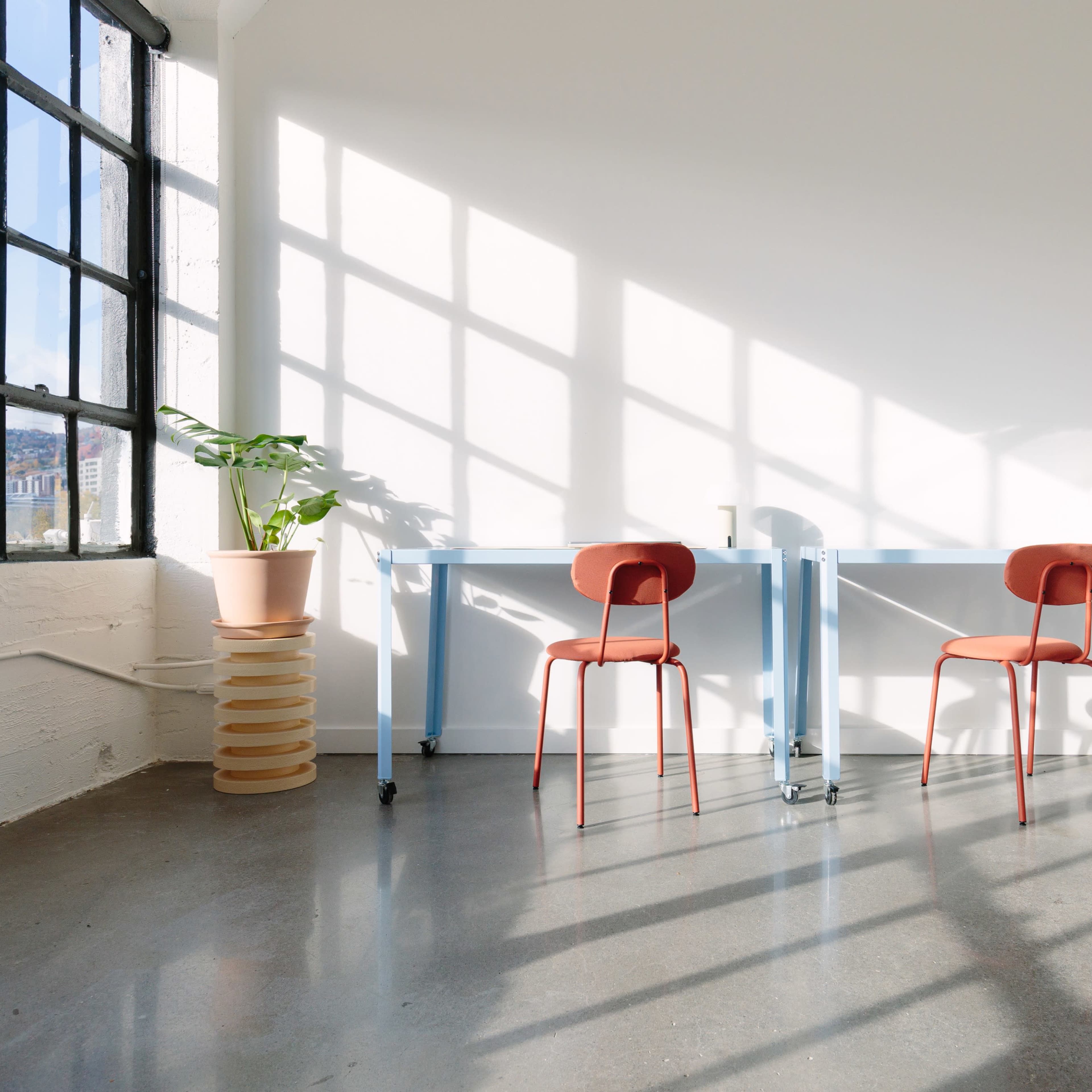 A bright, minimalist room with two red chairs at a blue table, large windows casting shadows on the polished concrete floor, and a plant next to a clothing rack.